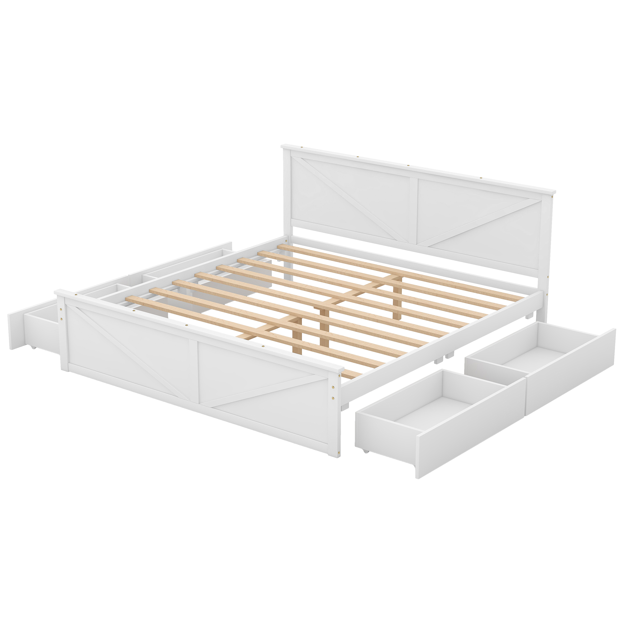 King/Queen Size Wooden Platform Bed with Four Storage Drawers and Support Legs, White/Gray