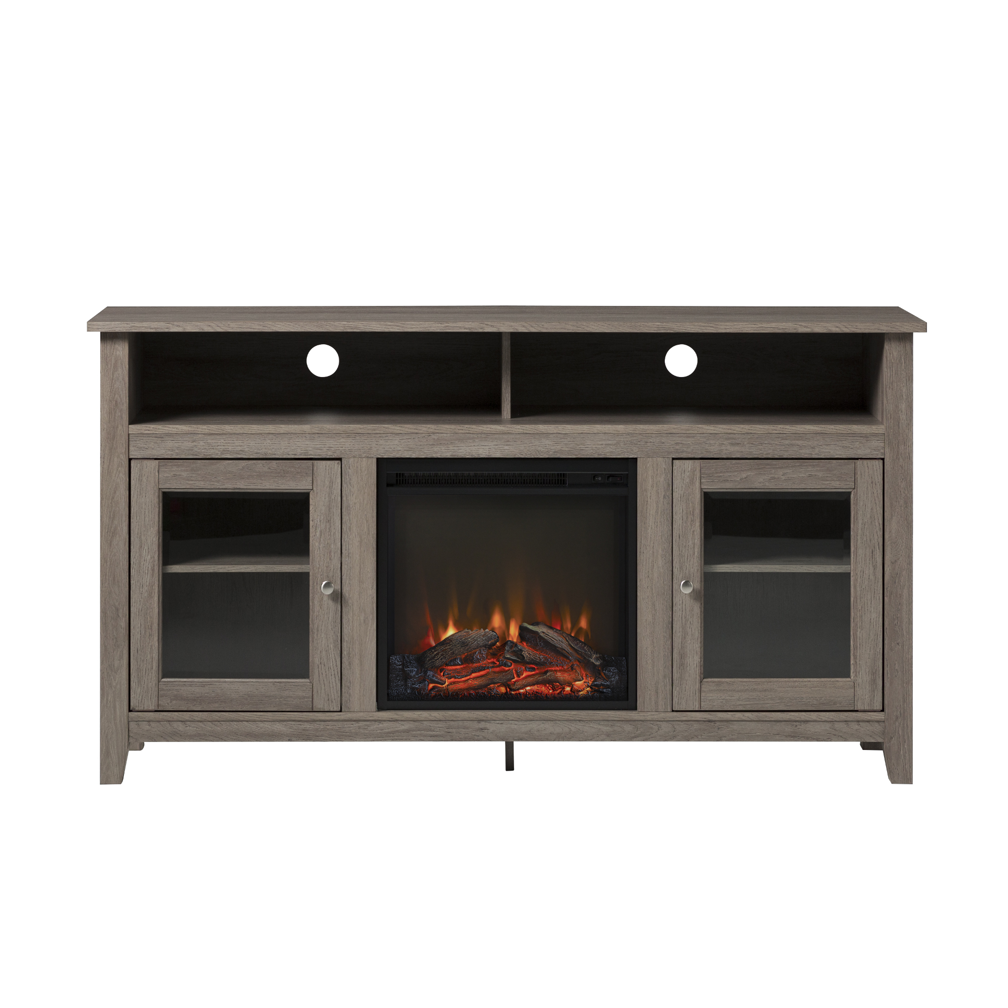 Classic Glass-Door Fireplace Tall TV Stand for TVs up to 65" - Driftwood