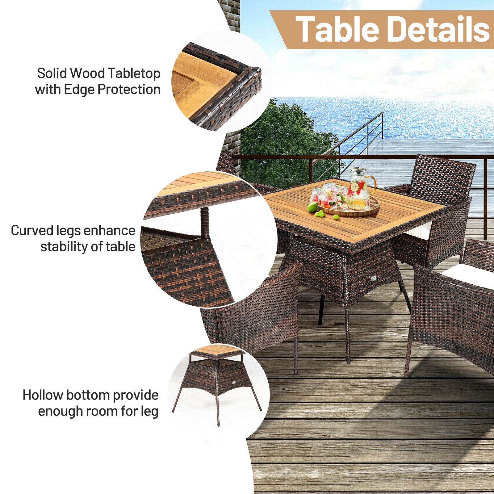 Mondawe 5 Pieces Patio Rattan Dining Furniture Set with Arm Chair and Wooden Table Top-Mondawe