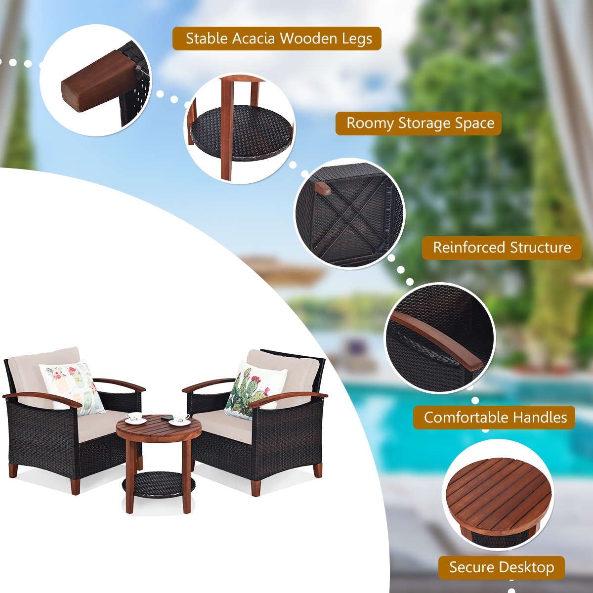 Mondawe 3 Pcs Solid Wood Frame Patio Rattan Furniture Set-Beige-Mondawe