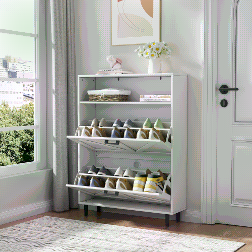 Farmhouse Shoe Storage Cabinet with Barn Door Design, Shoe Organizer with 2 Flip Drawers, Freestanding Narrow Shoe Rack Cabinet with Open Storage for Entryway,Foyer,Hallway,(Antique White/Natural Wood) 