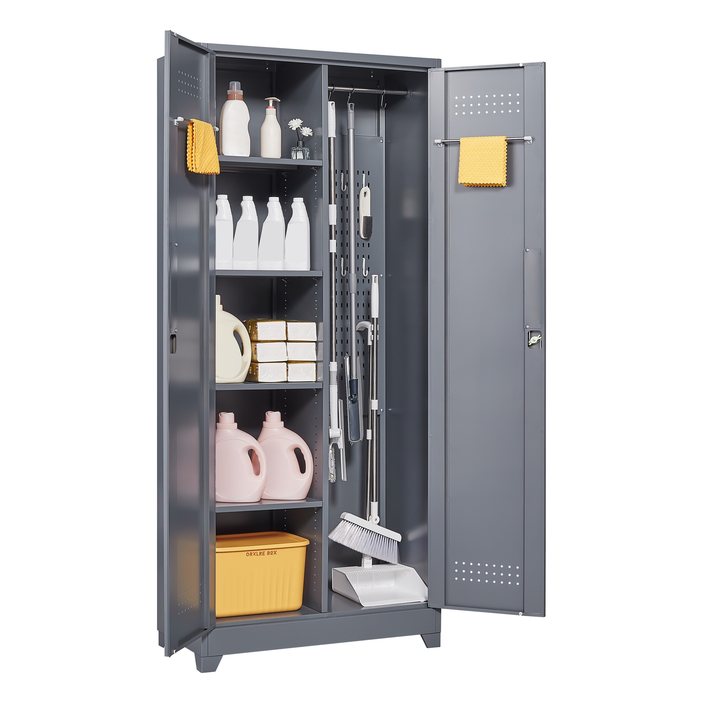 Metal Storage Cabinets, Cleaning Tool Cabinet with Locking Door, Tall Broom Tool Organizer and Storage, Large Storage Cabinet for Kitchen, Pantry, Office, Shop 