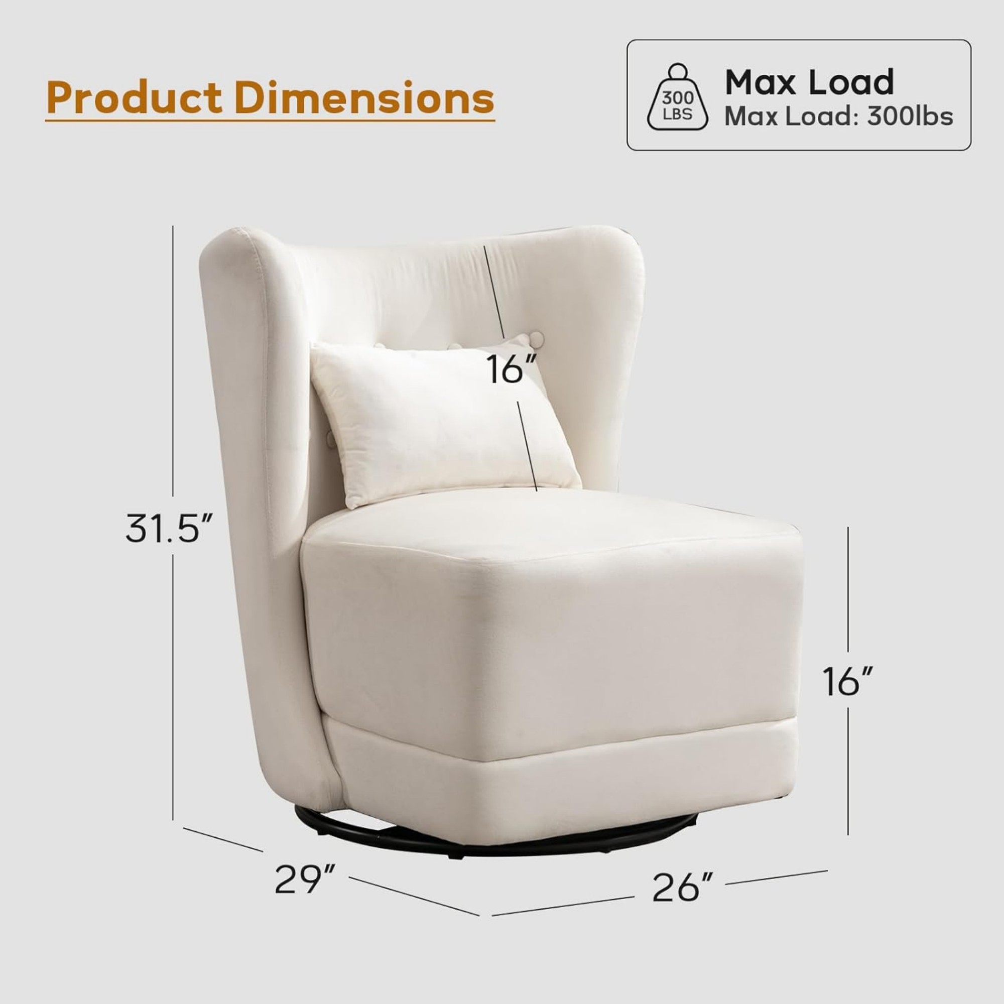 Modern Armless Chair, 360° Swivel Lounge Chair with Back Pillow, for Living Room Bedroom