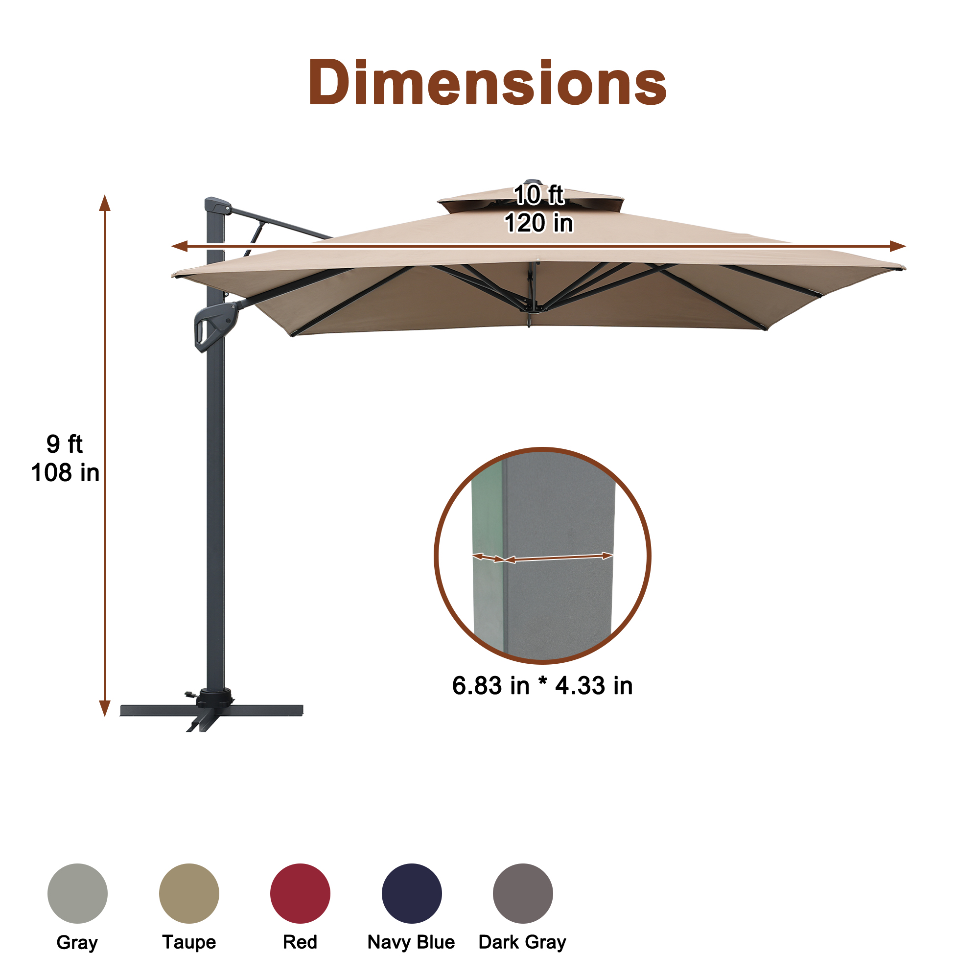 10 ft. Square Cantilever Umbrella Outdoor Patio Umbrella With Lights Aluminum Outdoor Patio Umbrella