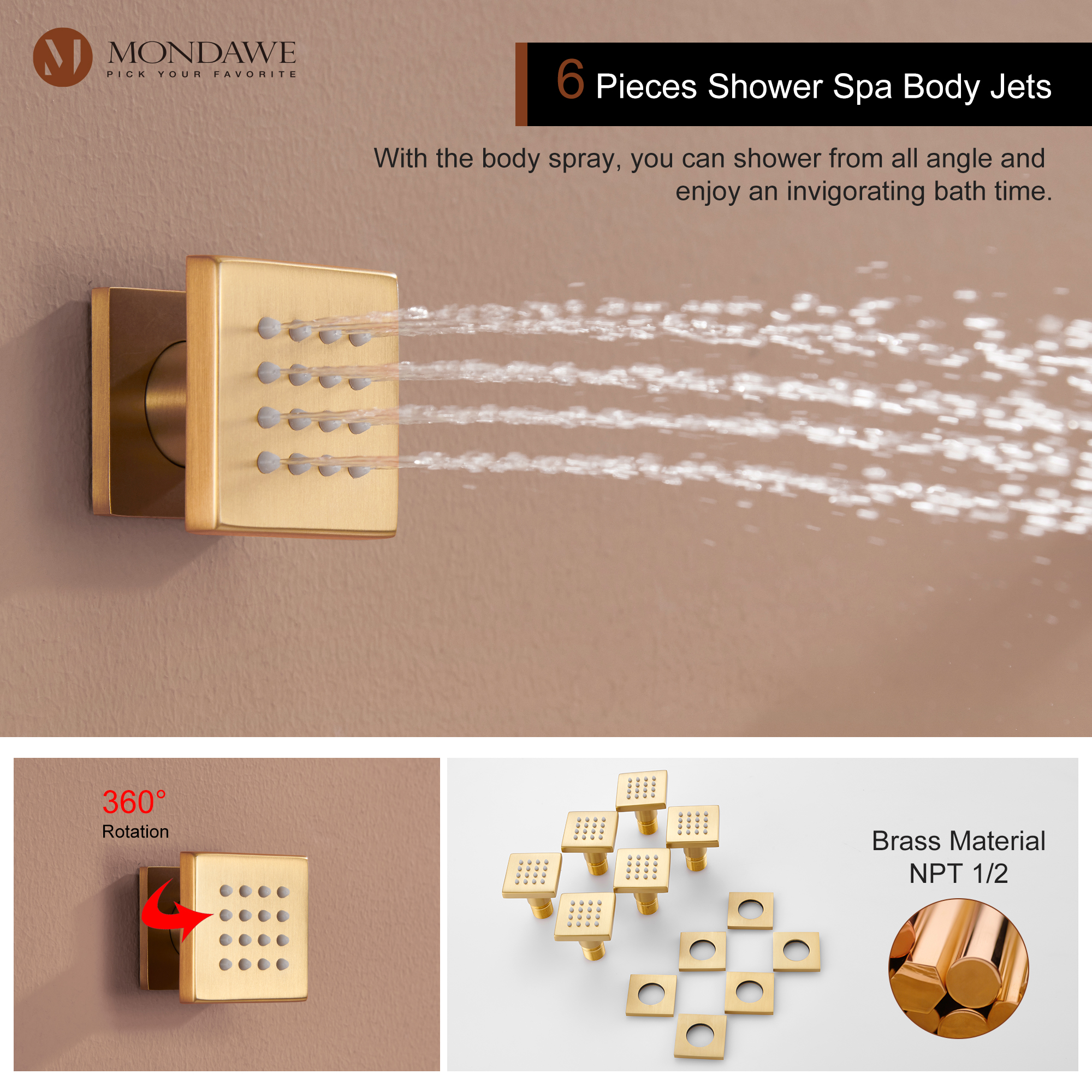 Mondawe Ceiling Mount Thermostatic Rainfall Shower System Set with Hand Held Shower Head and 6 Body Jets-Mondawe