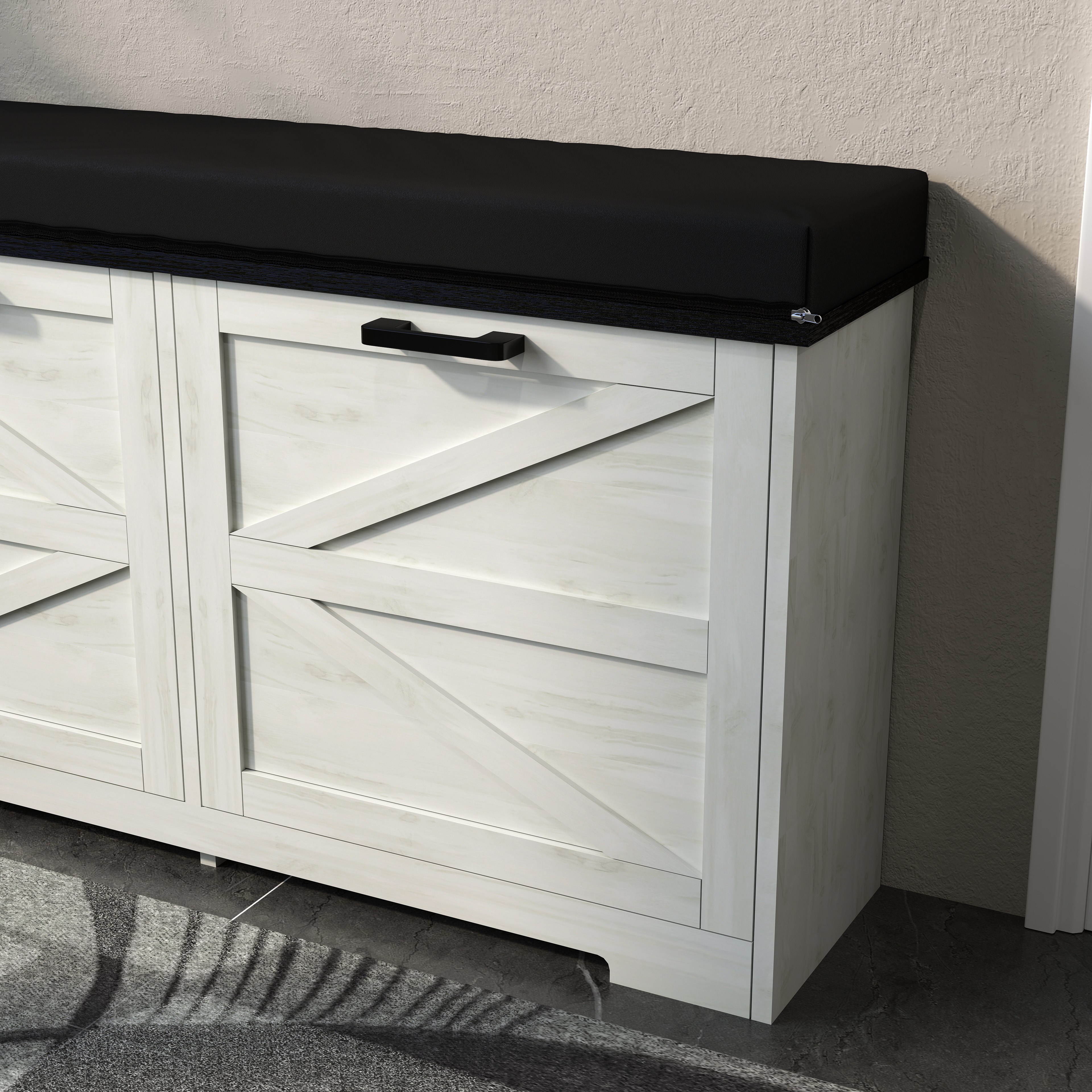 Farmhouse Shoe Storage Bench with Coat Rack, Antique White Shoe Bench with 2 Adjustable Flip Drawer, Hall Tree with Padded Seat Cushion and Shoe Organizer for Entryway, Hallway 