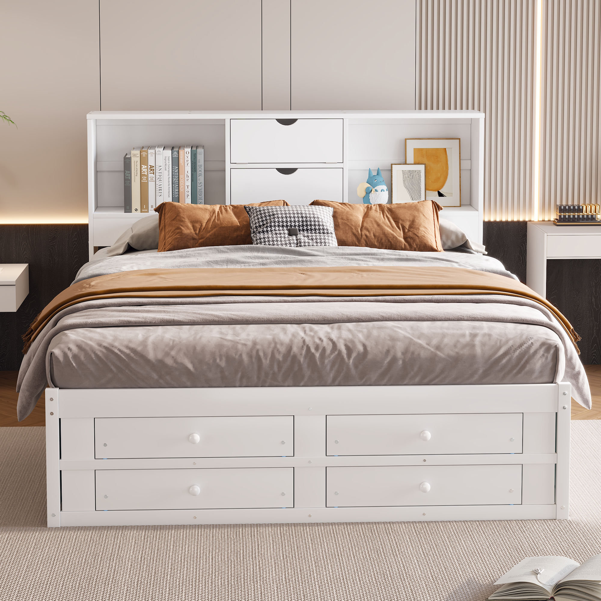 Queen/King Size Platform Bed with Storage Headboard and 8 Drawers, White/Gray