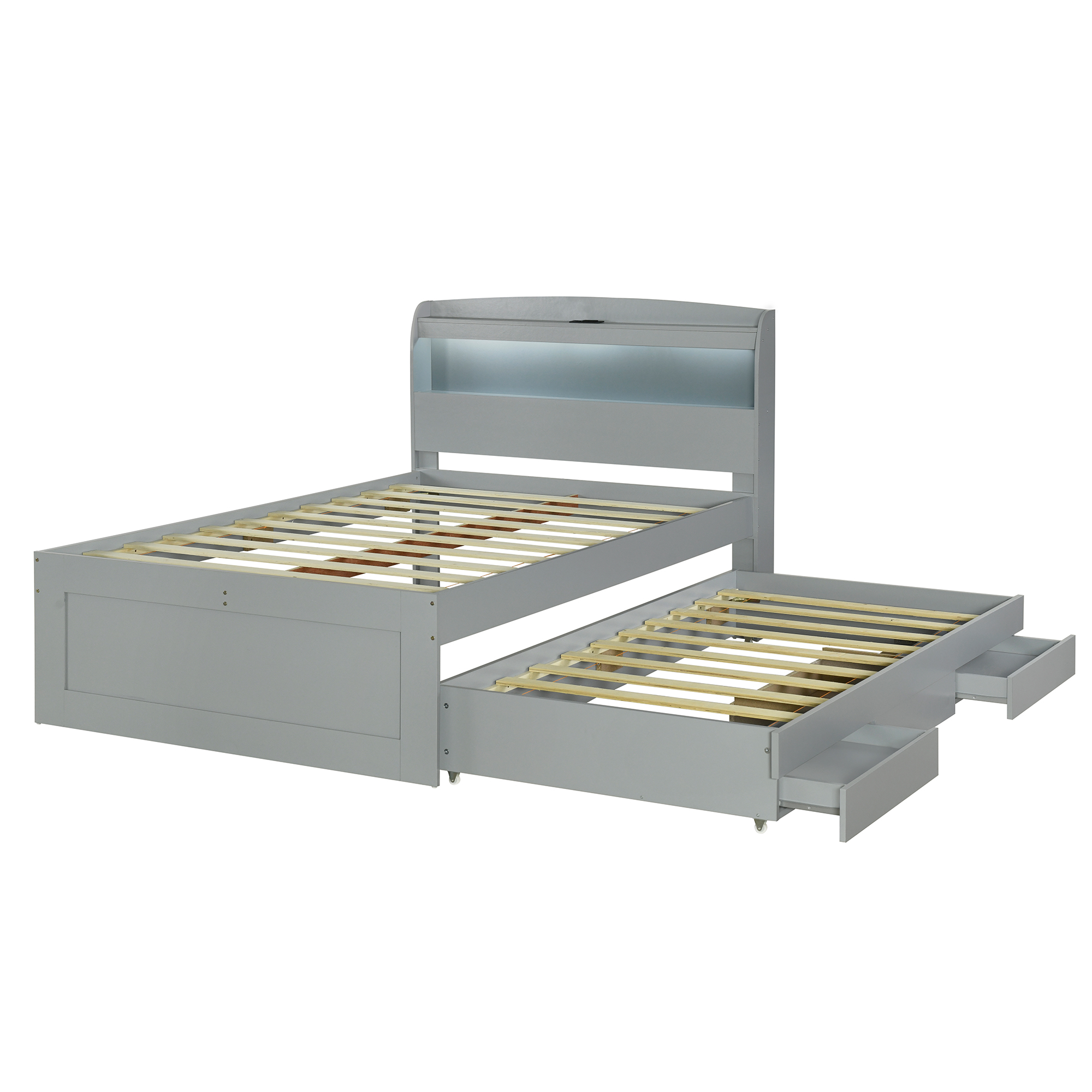 Full XL Size Platform Bed with Storage LED Headboard, Charging Station, Twin Size Trundle and 2 Drawers, Gray/Dark Brown