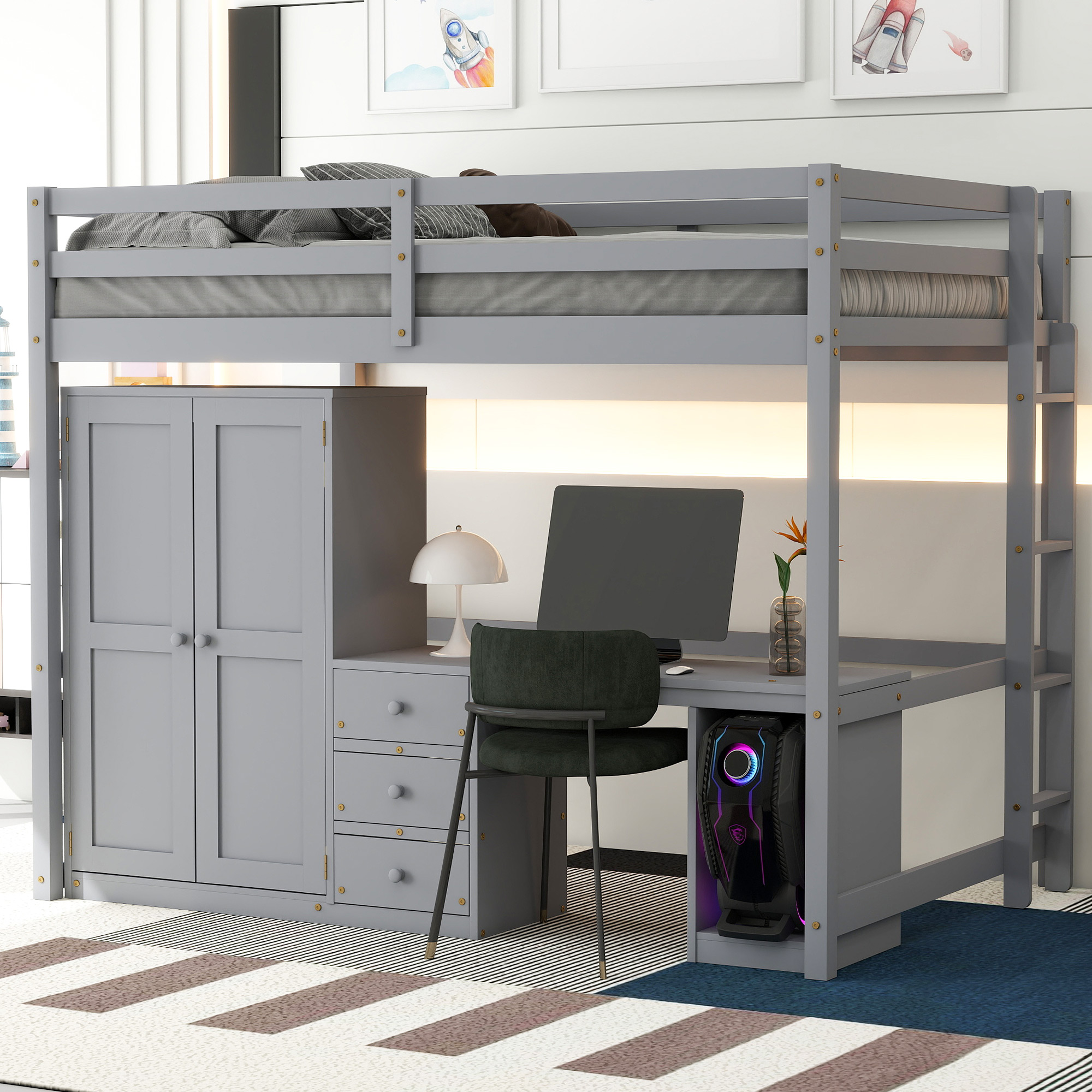 Full/Twin Size Loft Bed with Wardrobe, Desk and Storage Drawers, Gray/White