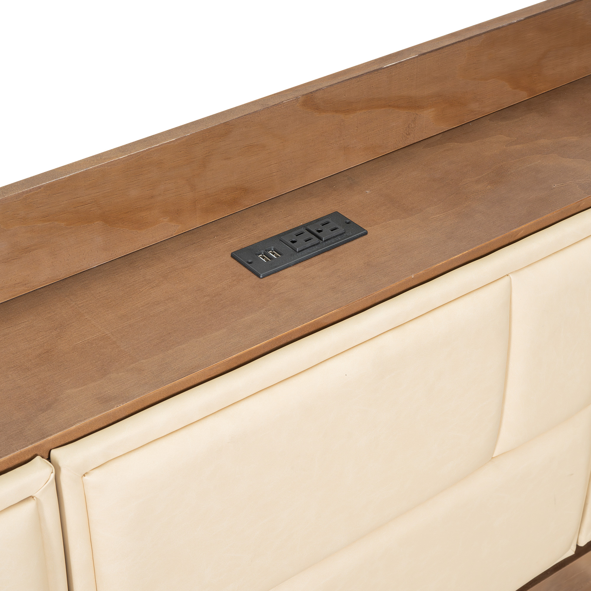 Full/Twin Size Wood Daybed with Upholstered Storage Shelves, USB Ports and 2 Drawers, Wood Color 