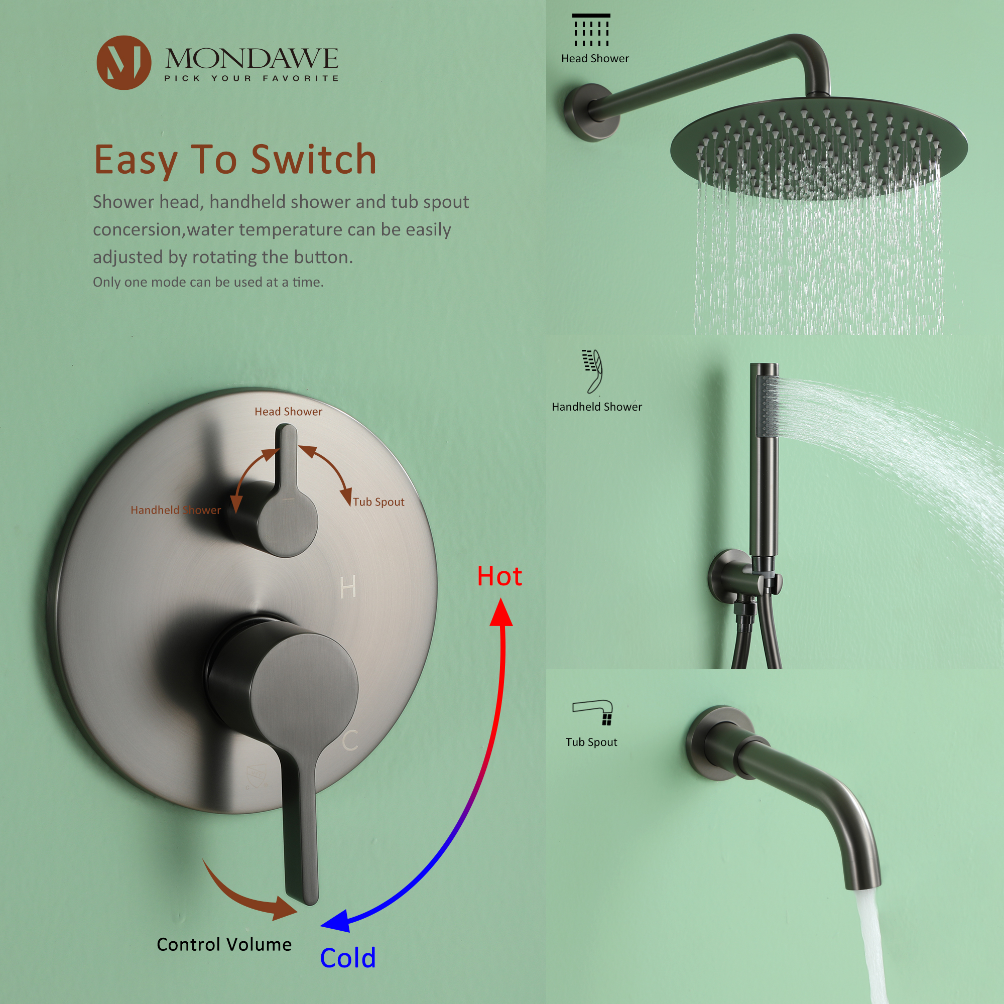 Mondawe Three function Pressure Balance Shower Set with 10 in Round Shower Head(5 color, Valve Included)-Mondawe