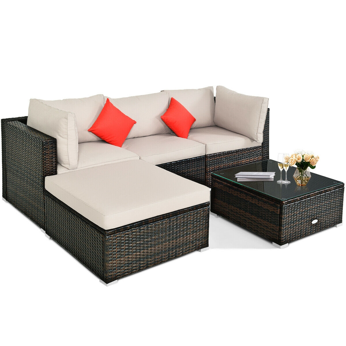 Mondawe 5 Pcs Outdoor Patio Rattan Furniture Set Sectional Conversation-Mondawe