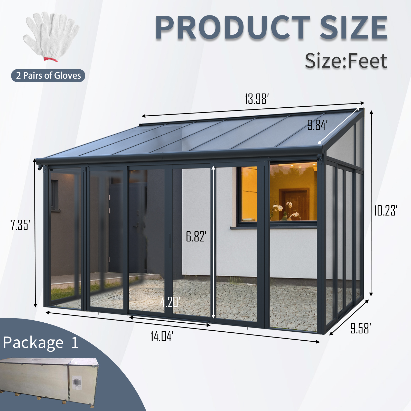 10×14 ft Enclosed Patio Cover with 3 Lockable Sliding Doors, All Season Sunroom with aluminum alloy frame ,Polycarbonate Roof and transparent solid PC endurance panel wall system for Garden Patio Deck