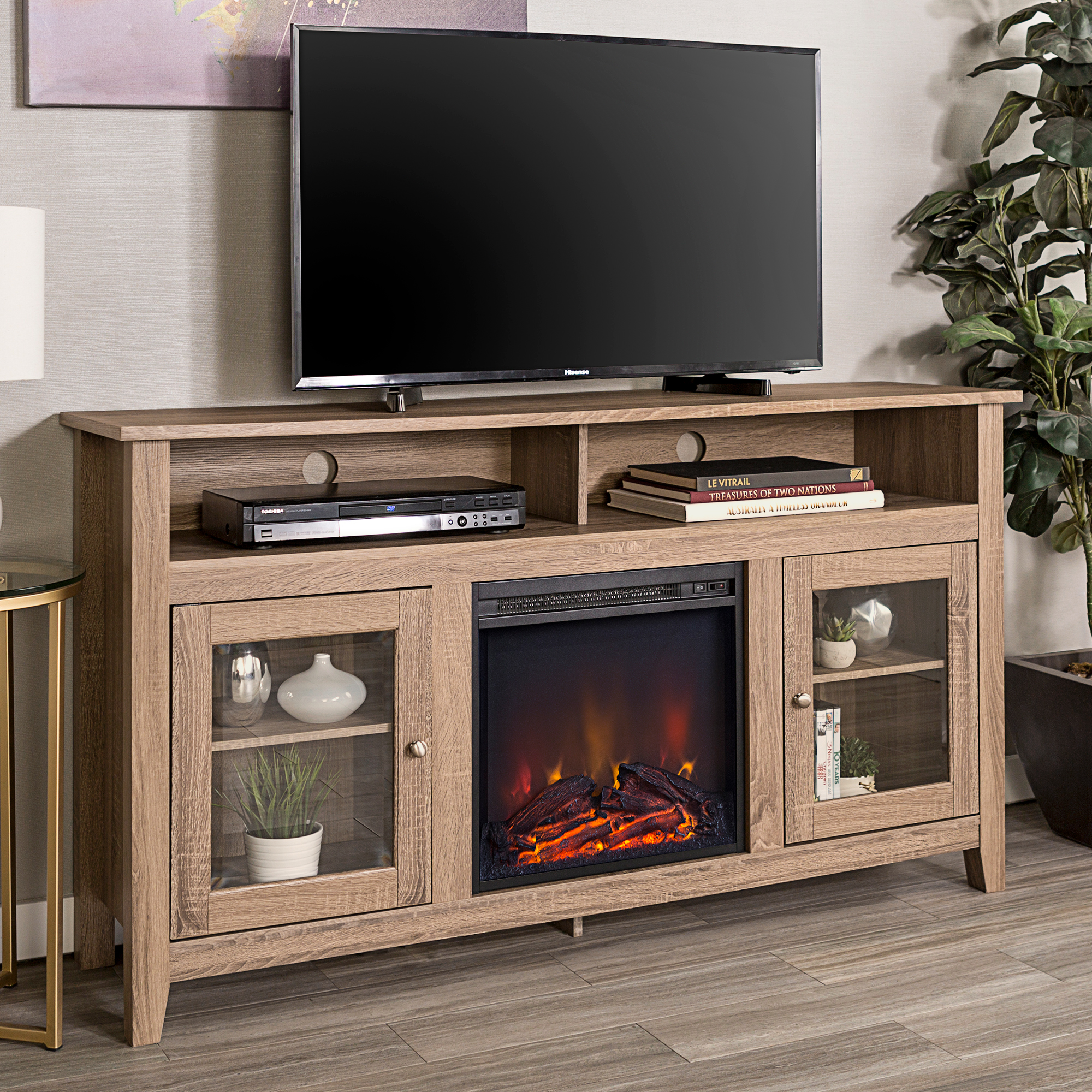 Classic Glass-Door Fireplace Tall TV Stand for TVs up to 65" - Driftwood
