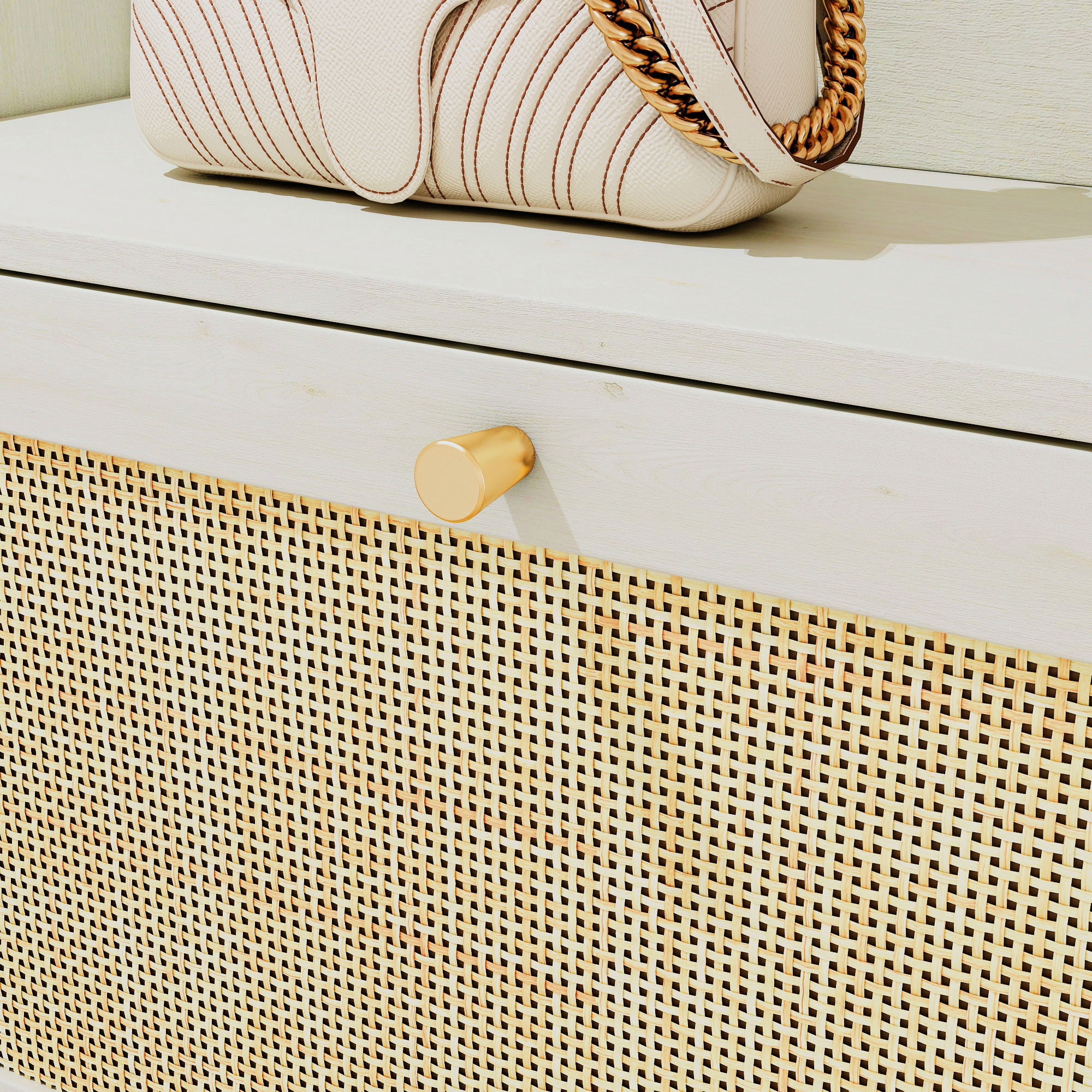 Bohemia Style Shoe Cabinet, Shoe Rack Cabinet with 3 Rattan Flip Drawers,3 Square Shelves and 1 Storage Drawer, Shoe Organizer with Mulit Storage Space and Hooks for Hallway, Entryway, (Natural/Antique white) 