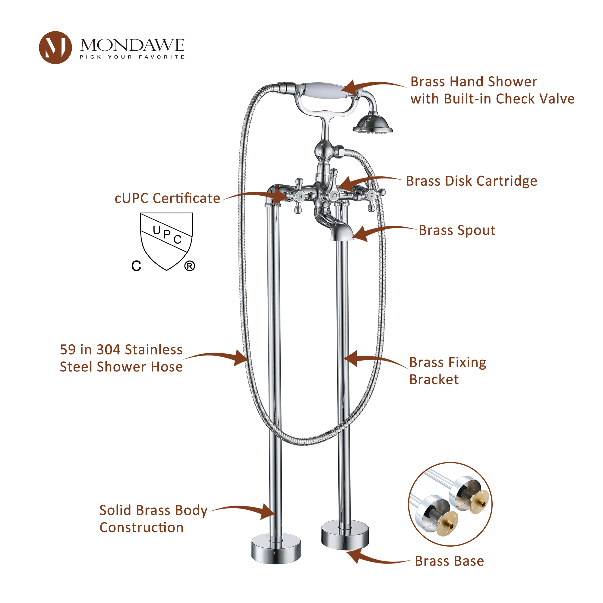 Mondawe 3-Handle Traditional Freestanding Bathtub Faucet（Chrome�?Mondawe