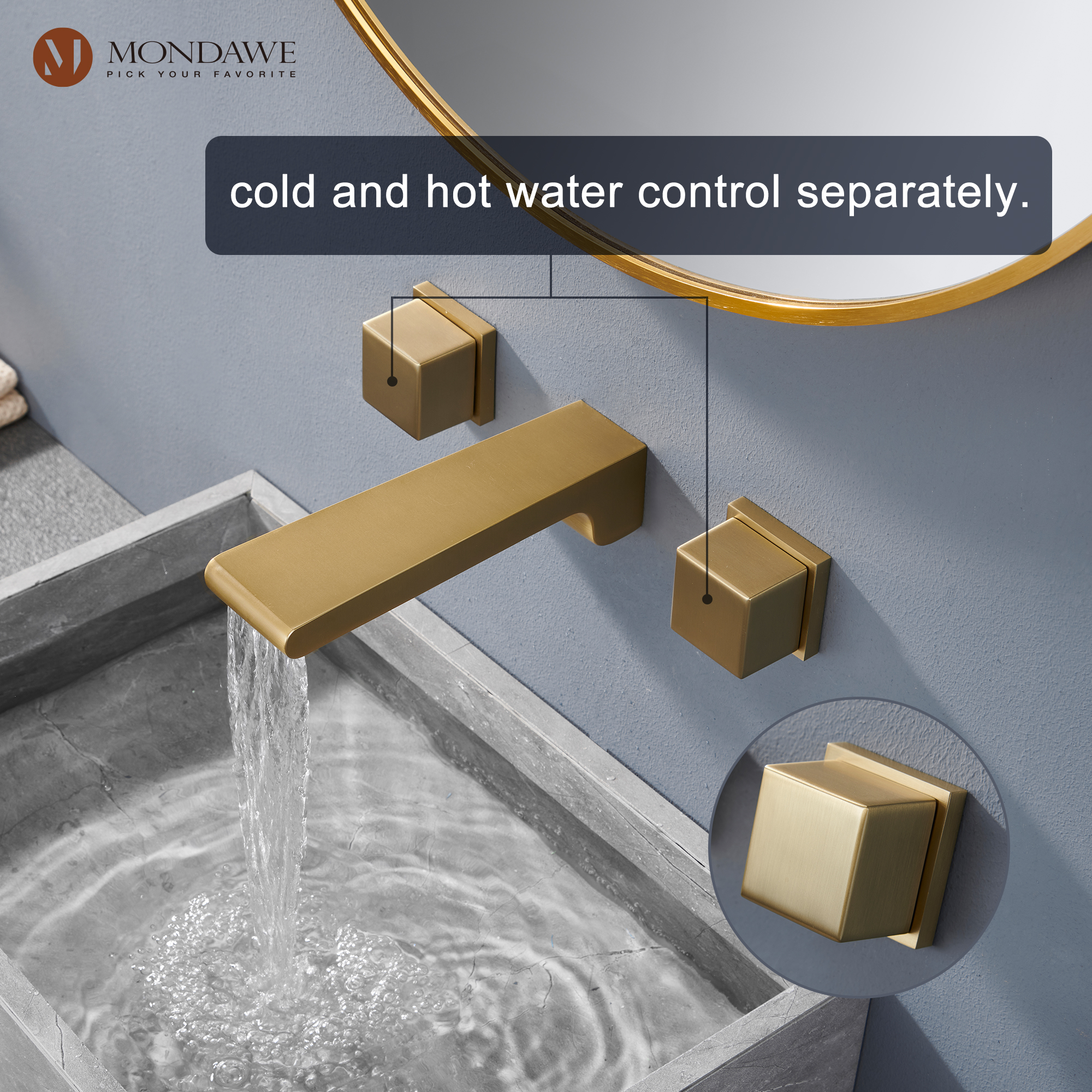 Mondawe Spot Free Widespread Wall Mount 3-Hole Sink  Water Tap with Double Handle-Mondawe