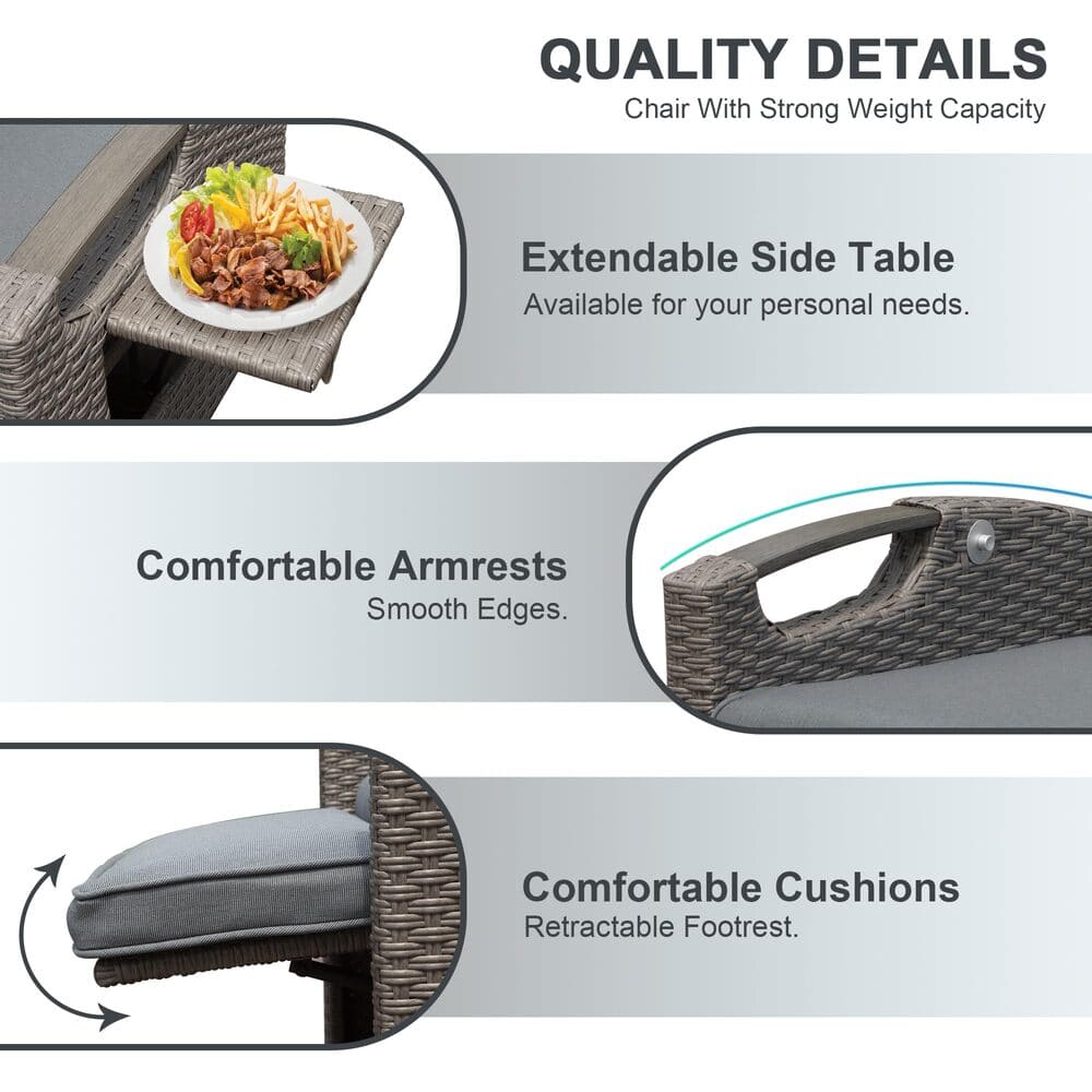 Outdoor Recliner Chair, Patio Recliner with Hand-Woven Wicker, Flip Table Push Back, Adjustable Angle, Thickness Cushions