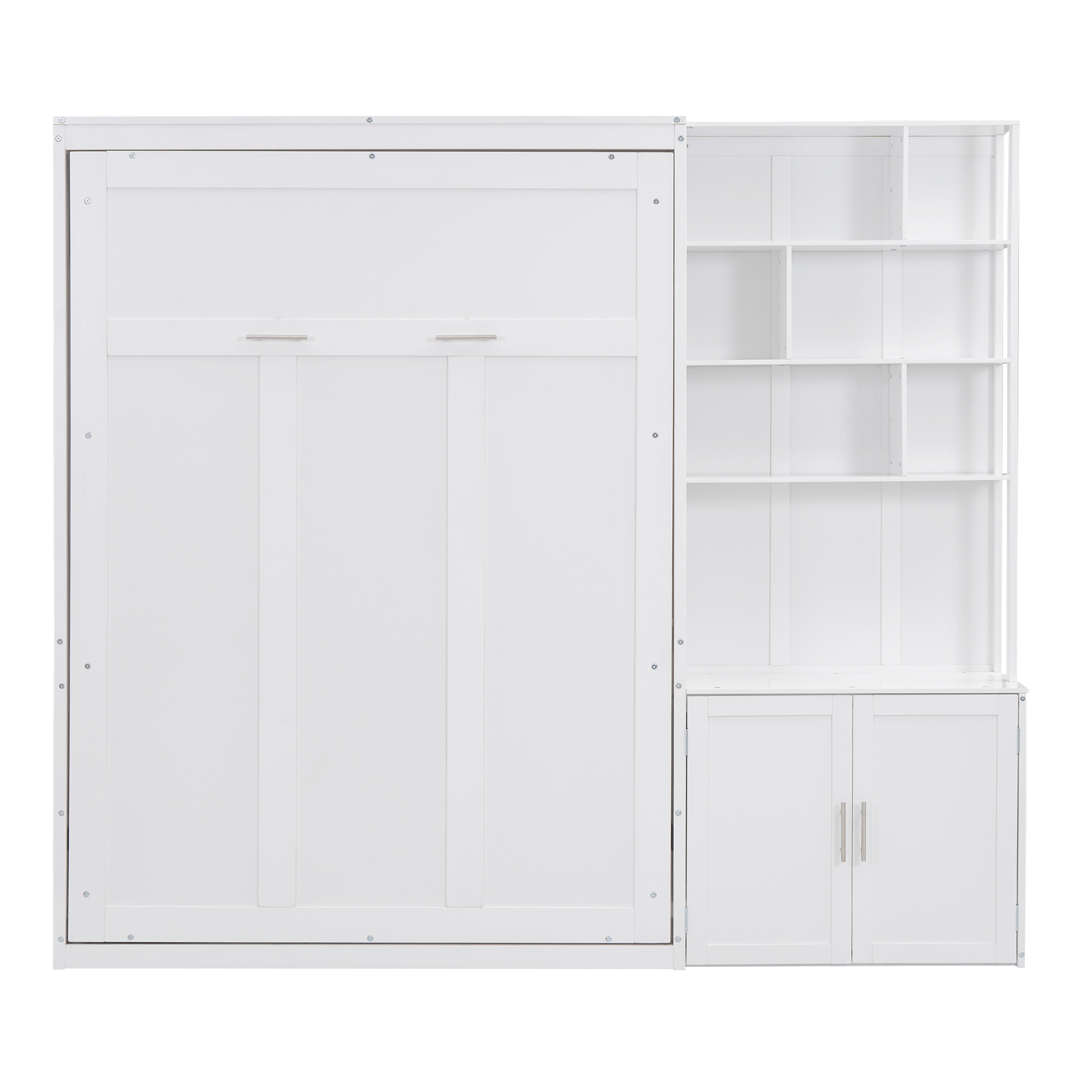 Full Size Murphy Bed with Multiple Storage Shelves and A Cabinet, White 