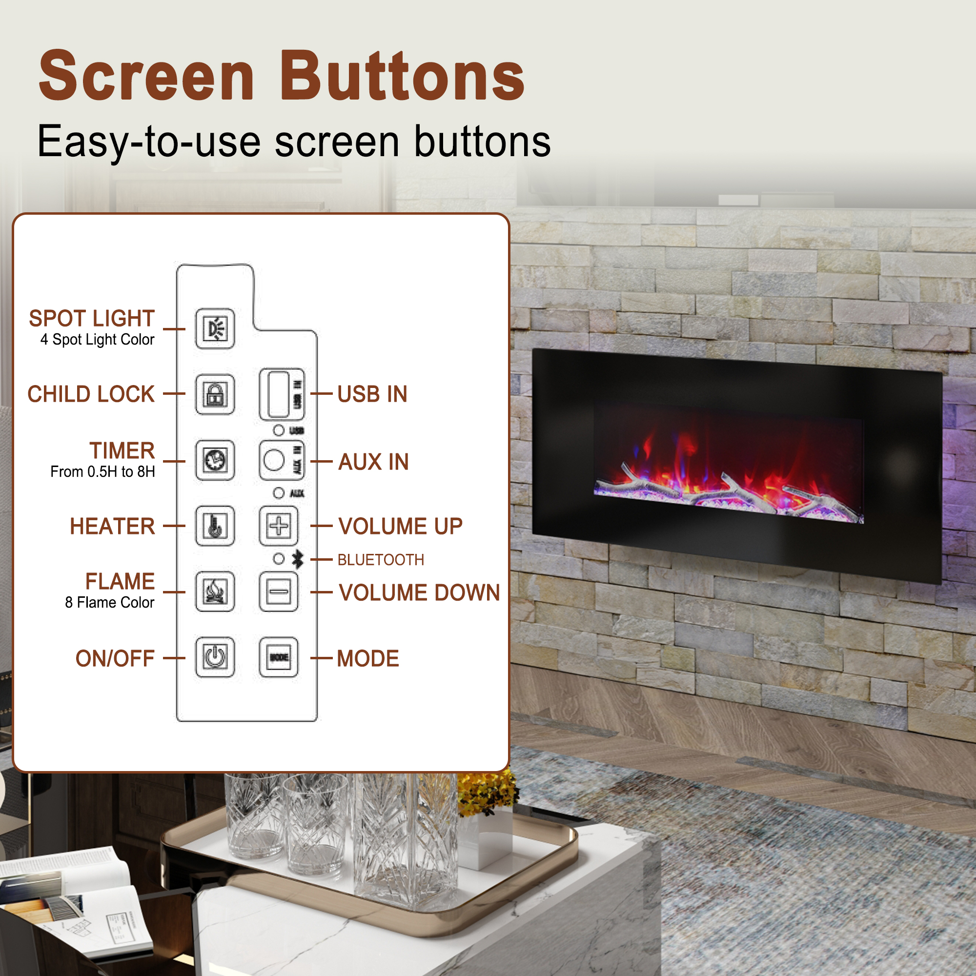 5120 BTU 42/50/60/72 in. Wall-Mounted Black Electric Fireplace Insert with 2-Speaker Stereo Sound