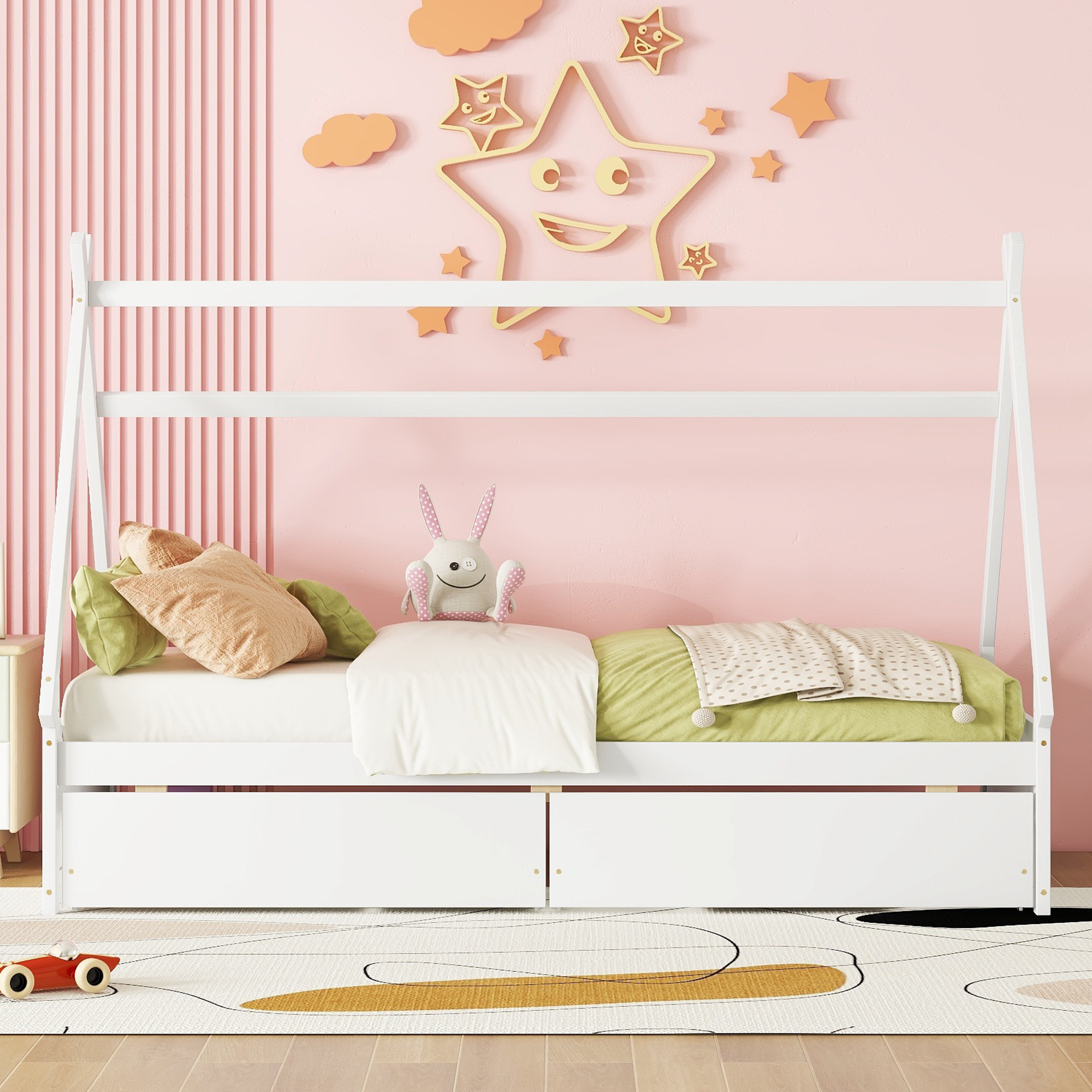 Twin Size House Platform Bed with Two Drawers,Headboard and Footboard, White/Pink 