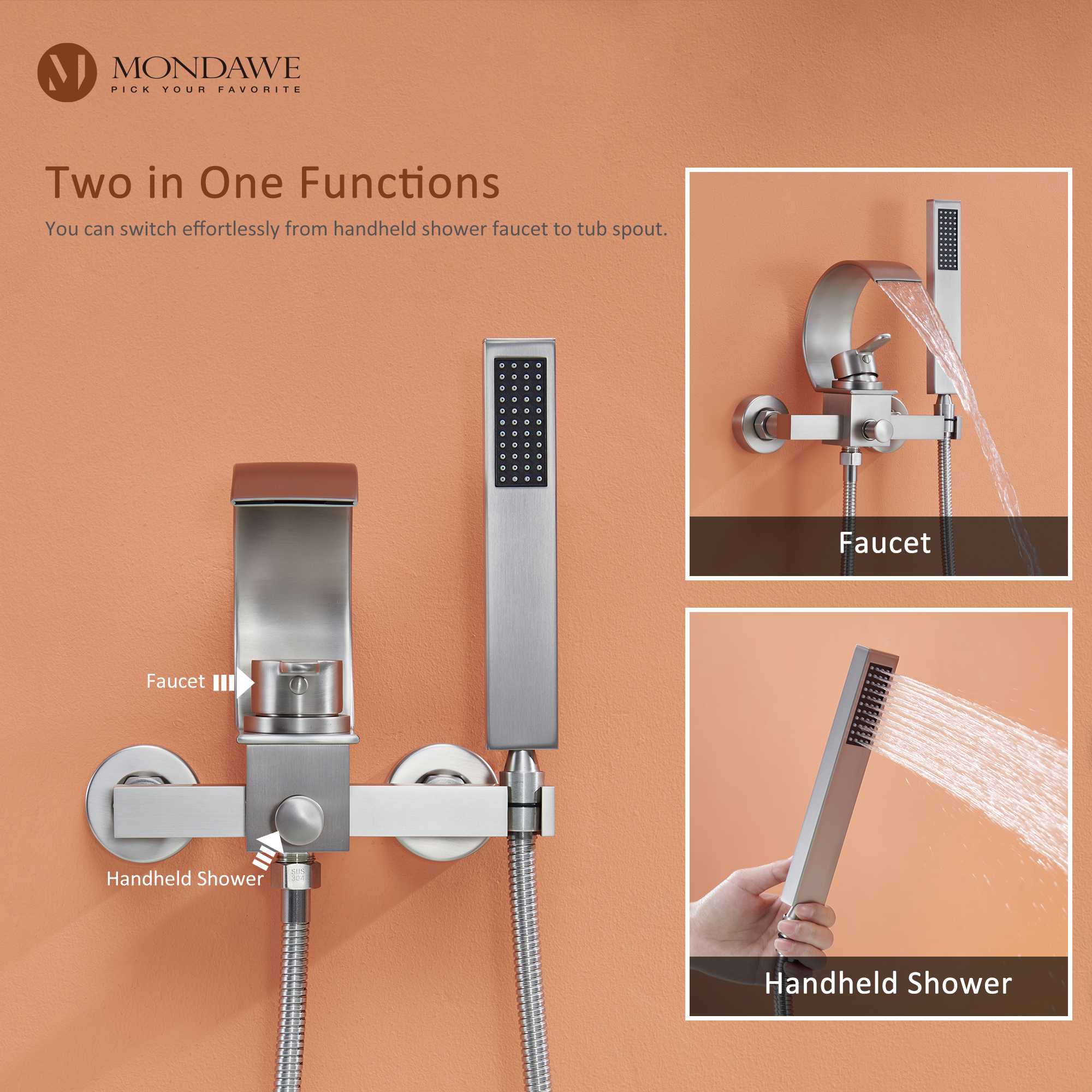 Mondawe Single Handle Shower Tub Kit with Waterfall Tub Spout and Handheld Shower Faucet, Wall Mounted-Mondawe