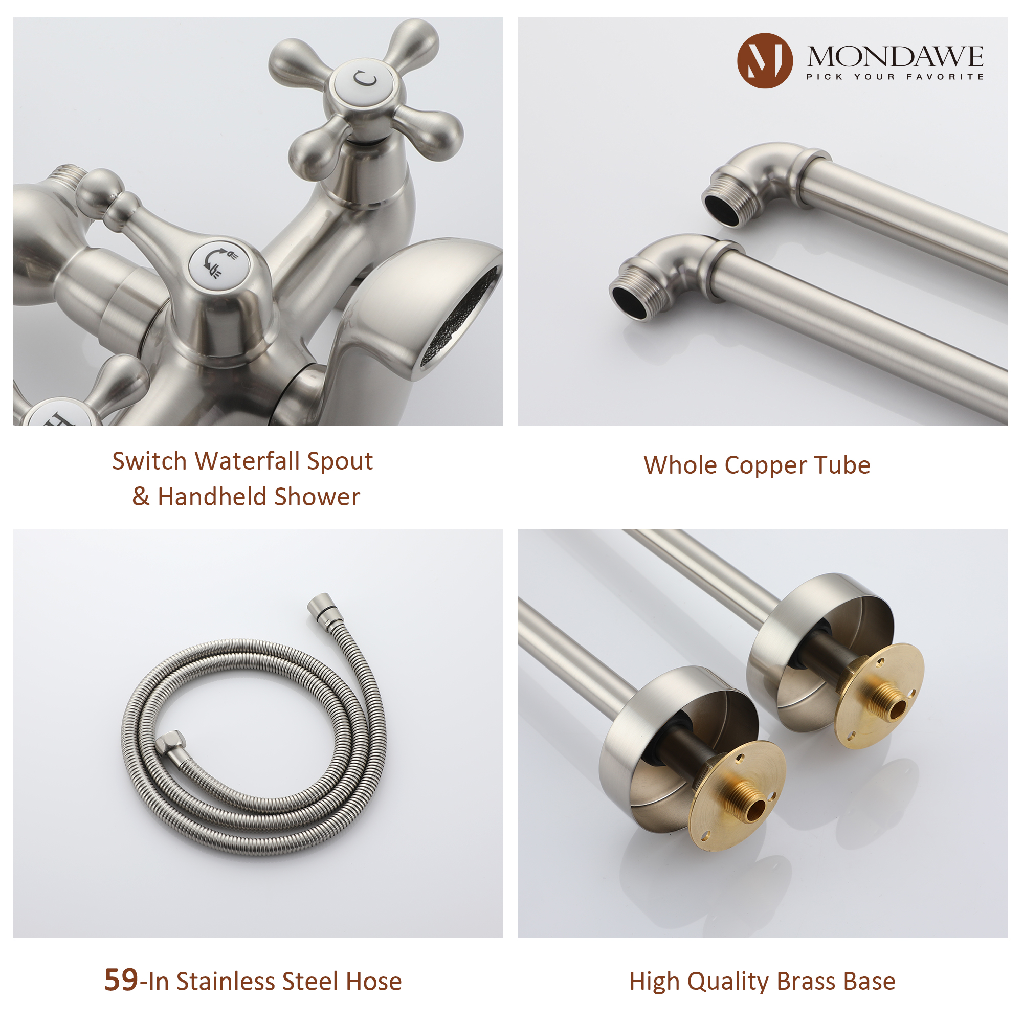 Mondawe 3-Handle Traditional Freestanding Bathtub Faucet(Brush Nickel)-Mondawe