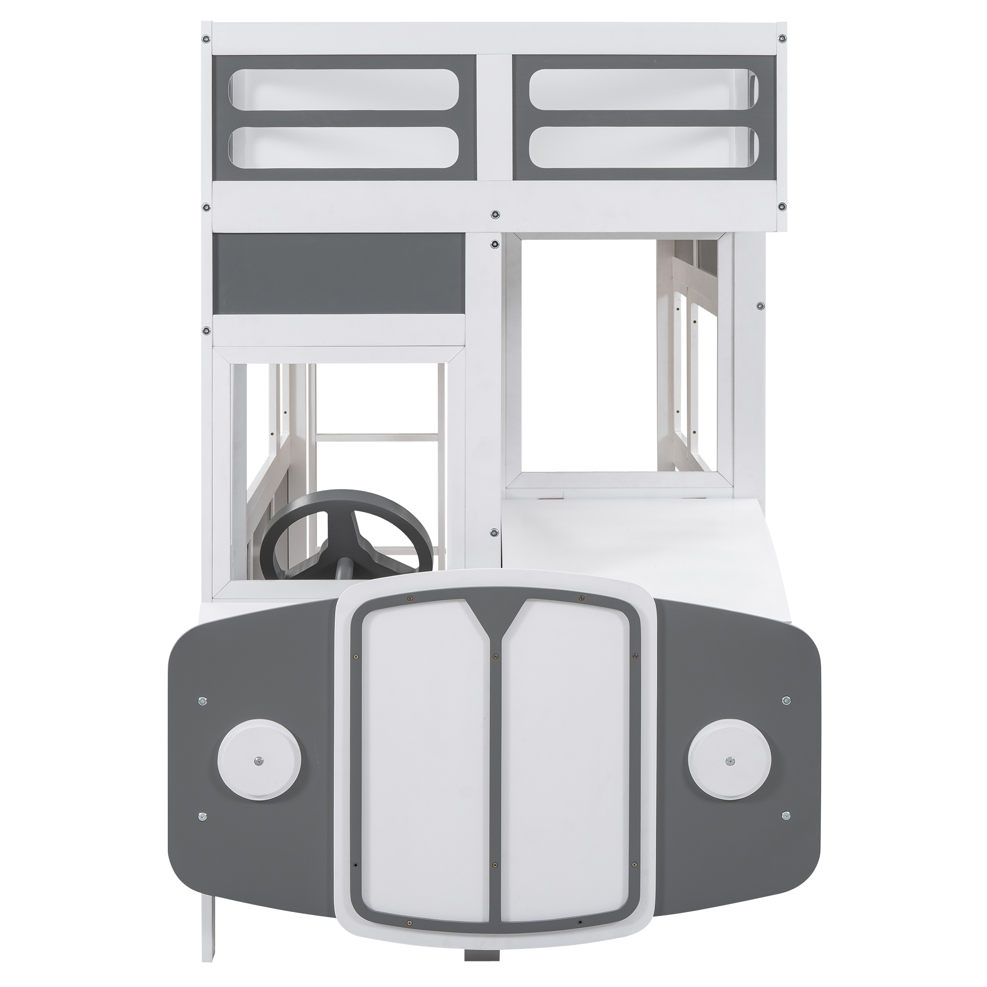 Twin over Twin Bus-shaped Bunk Bed with Wheels and Storage, Gray+White 