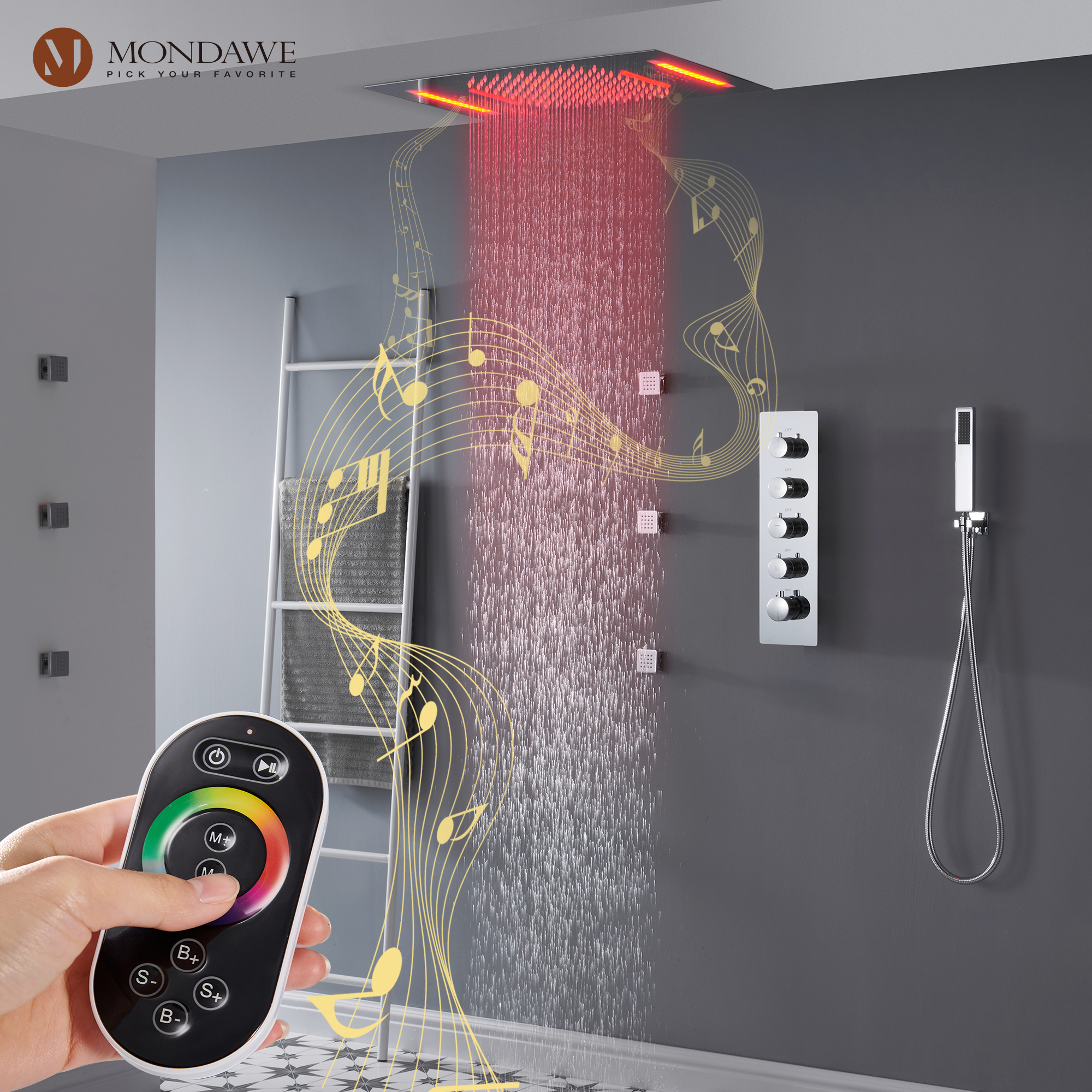 Mondawe Luxury 4-Way Thermostatic Shower System with LED and Music Player-Mondawe