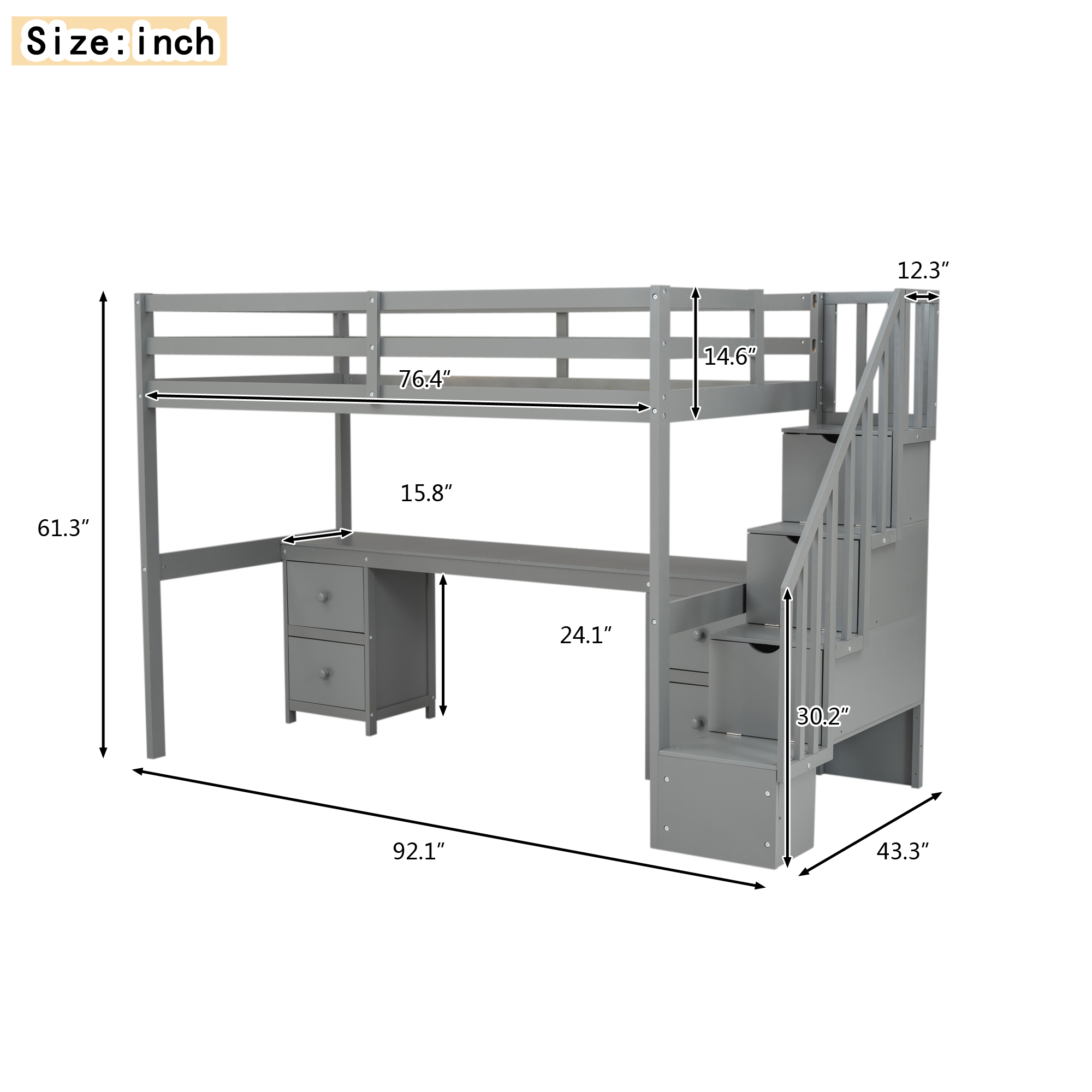 Twin Size Loft Bed Frame with Built-in Desk and Double Storage Drawers,White/Gray