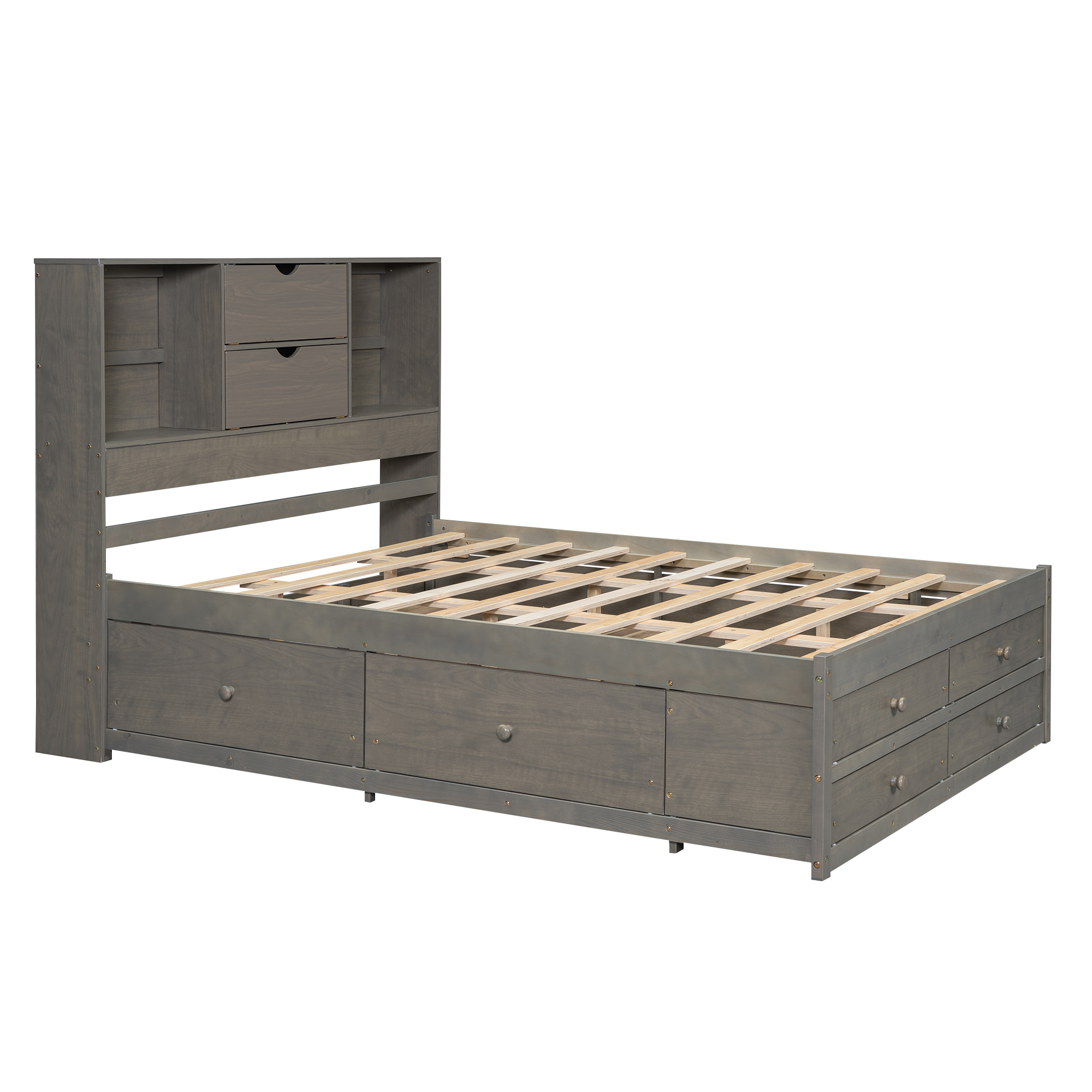 Queen/King Size Platform Bed with Storage Headboard and 8 Drawers, White/Gray