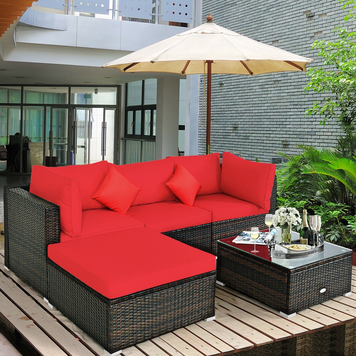 Mondawe 5 Pcs Outdoor Patio Rattan Furniture Set Sectional Conversation-Mondawe