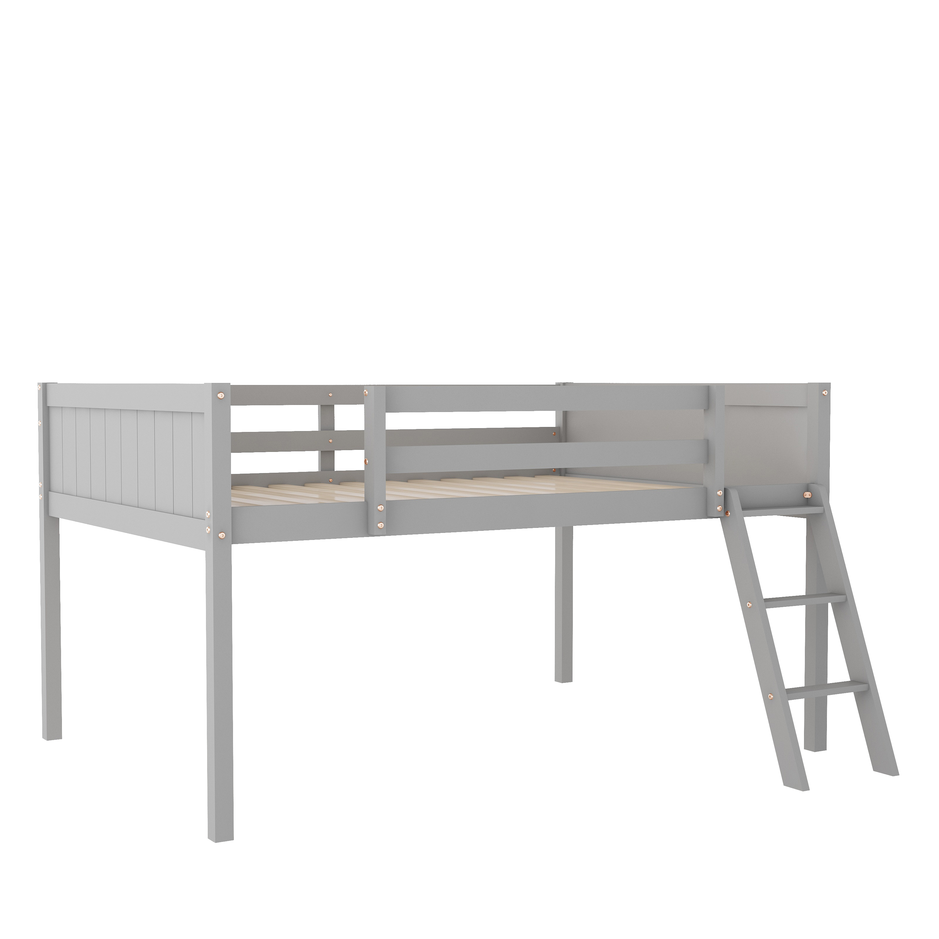 Full Size Wood Low Loft Bed with Ladder, ladder can be placed on the left or right, Gray/White