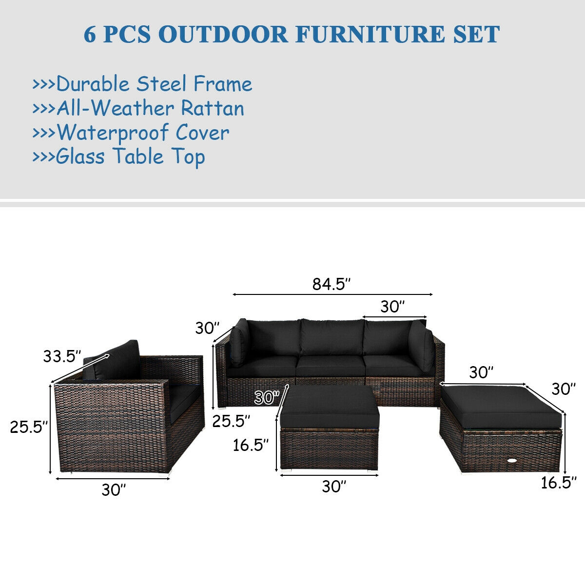 Mondawe 6 Pcs Patio Rattan Furniture Set with Sectional Cushion-Black-Mondawe