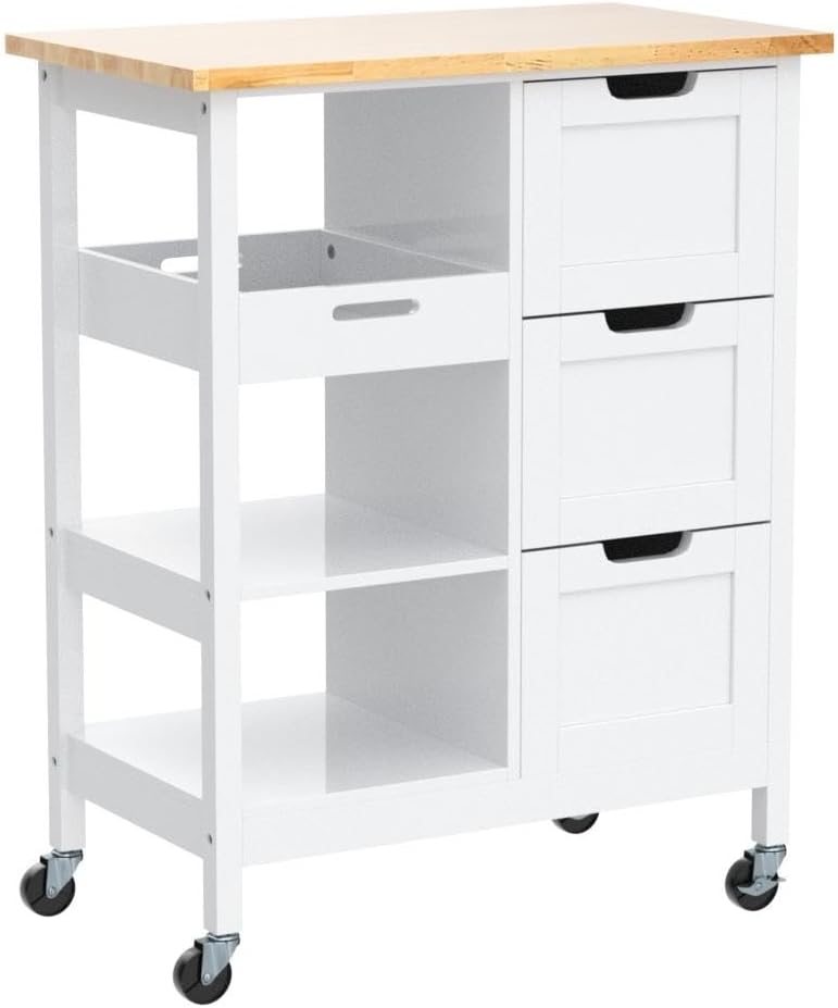 Rolling Portable Small Kitchen Island Cart on Wheels with Solid Wood Top, Dining Room Serving Utility Carts Mobile Movable with 3 Drawers and Storage Shelves Cabinet, White 