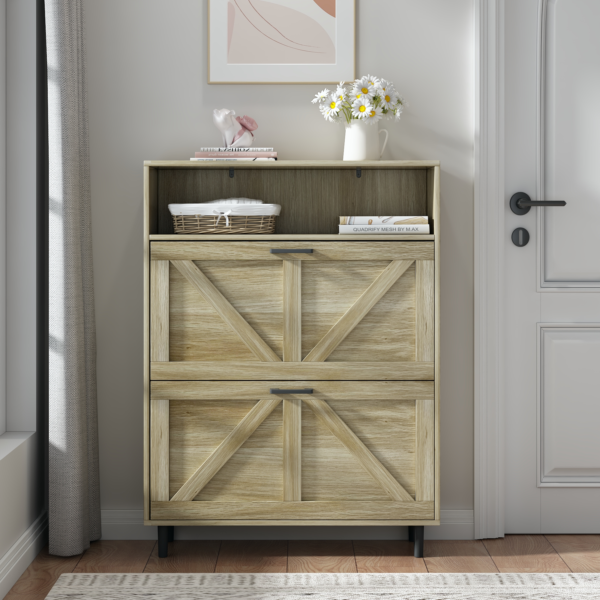 Farmhouse Shoe Storage Cabinet with Barn Door Design, Shoe Organizer with 2 Flip Drawers, Freestanding Narrow Shoe Rack Cabinet with Open Storage for Entryway,Foyer,Hallway,(Antique White/Natural Wood) 