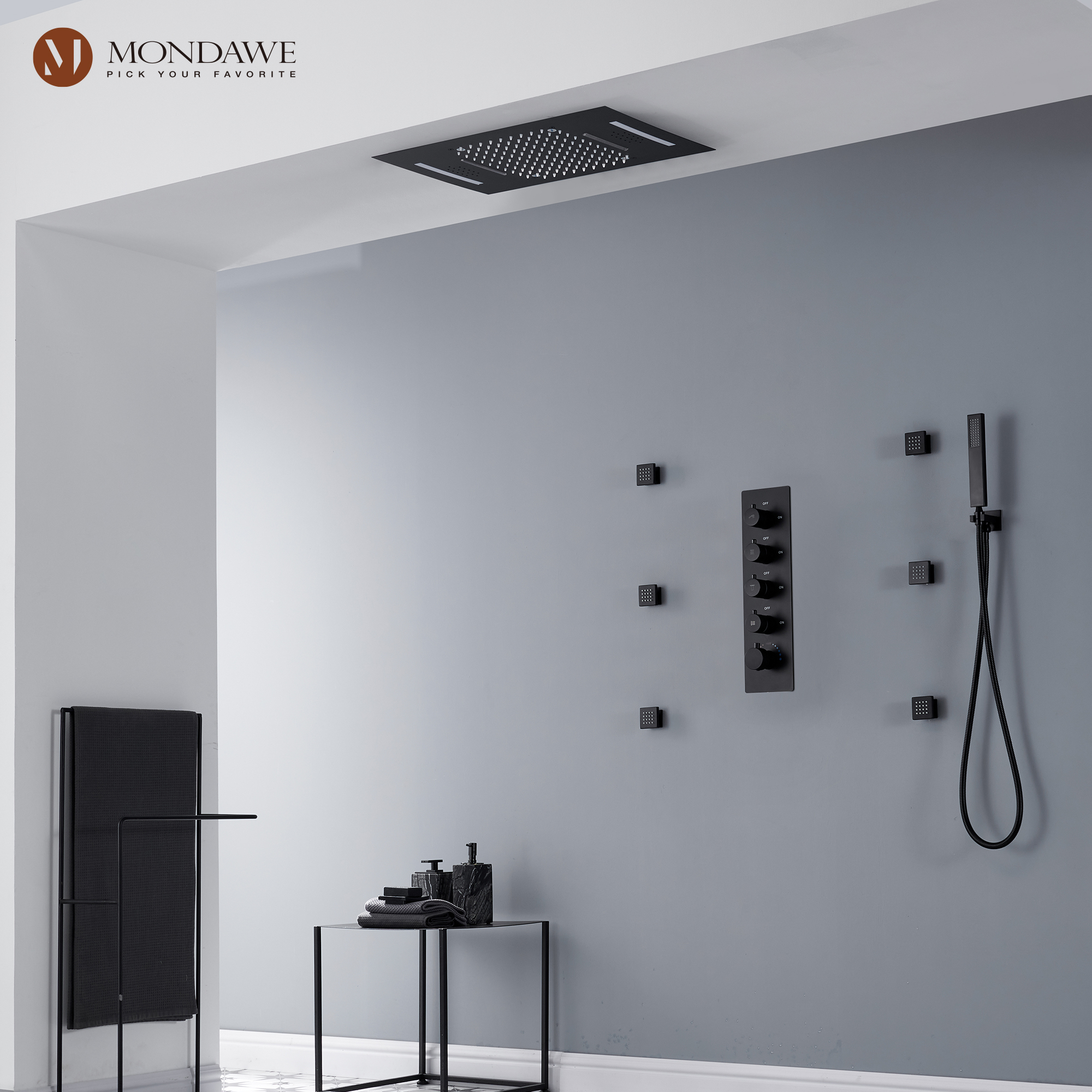 Mondawe Luxury 4-Way Thermostatic Shower System with LED and Music Player-Mondawe