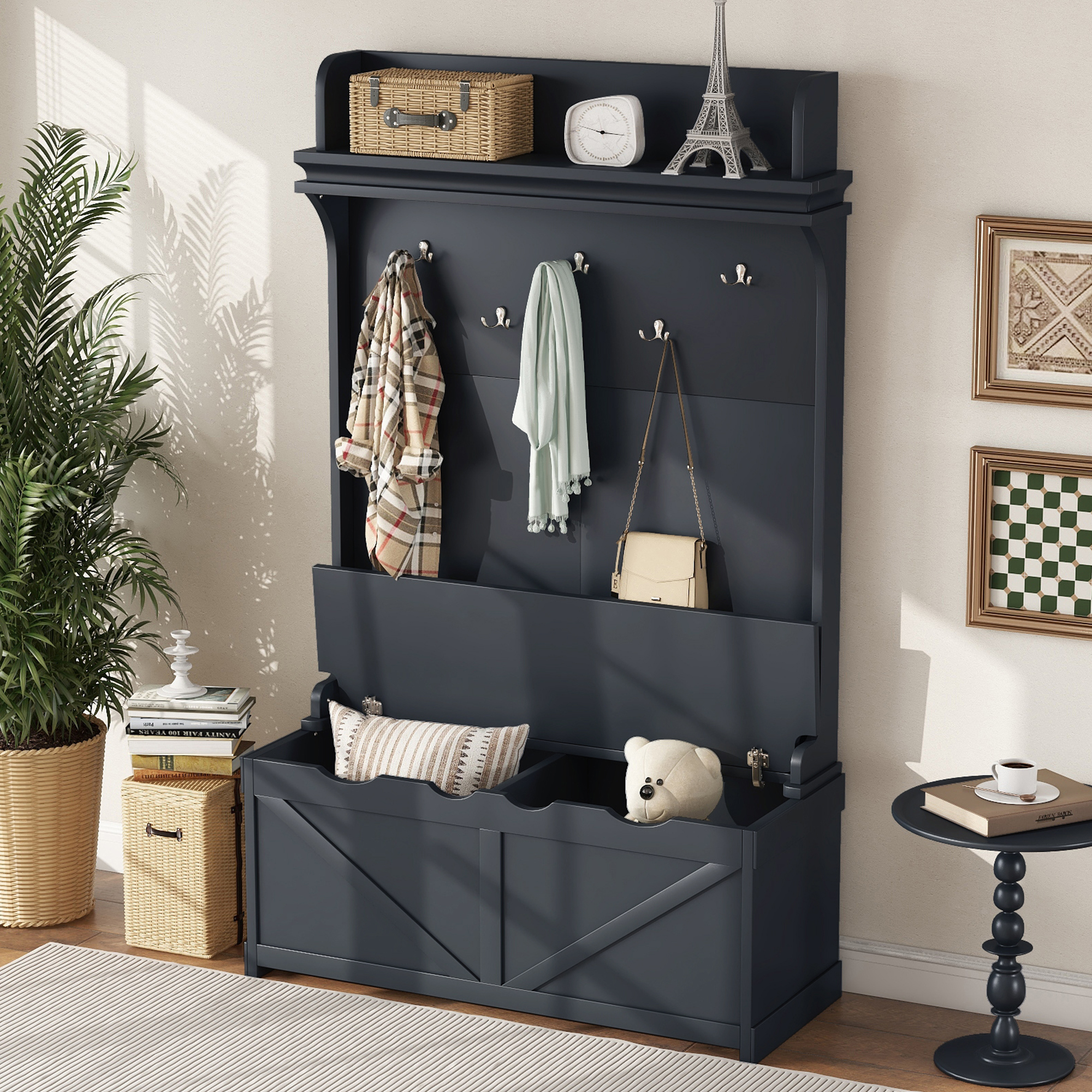 Hall Tree with Storage Bench, Entryway Bench with Drawer and 5 Hooks, Coat Rack with Display Shelf for Hallway Entryways, Dark Blue/Brown 