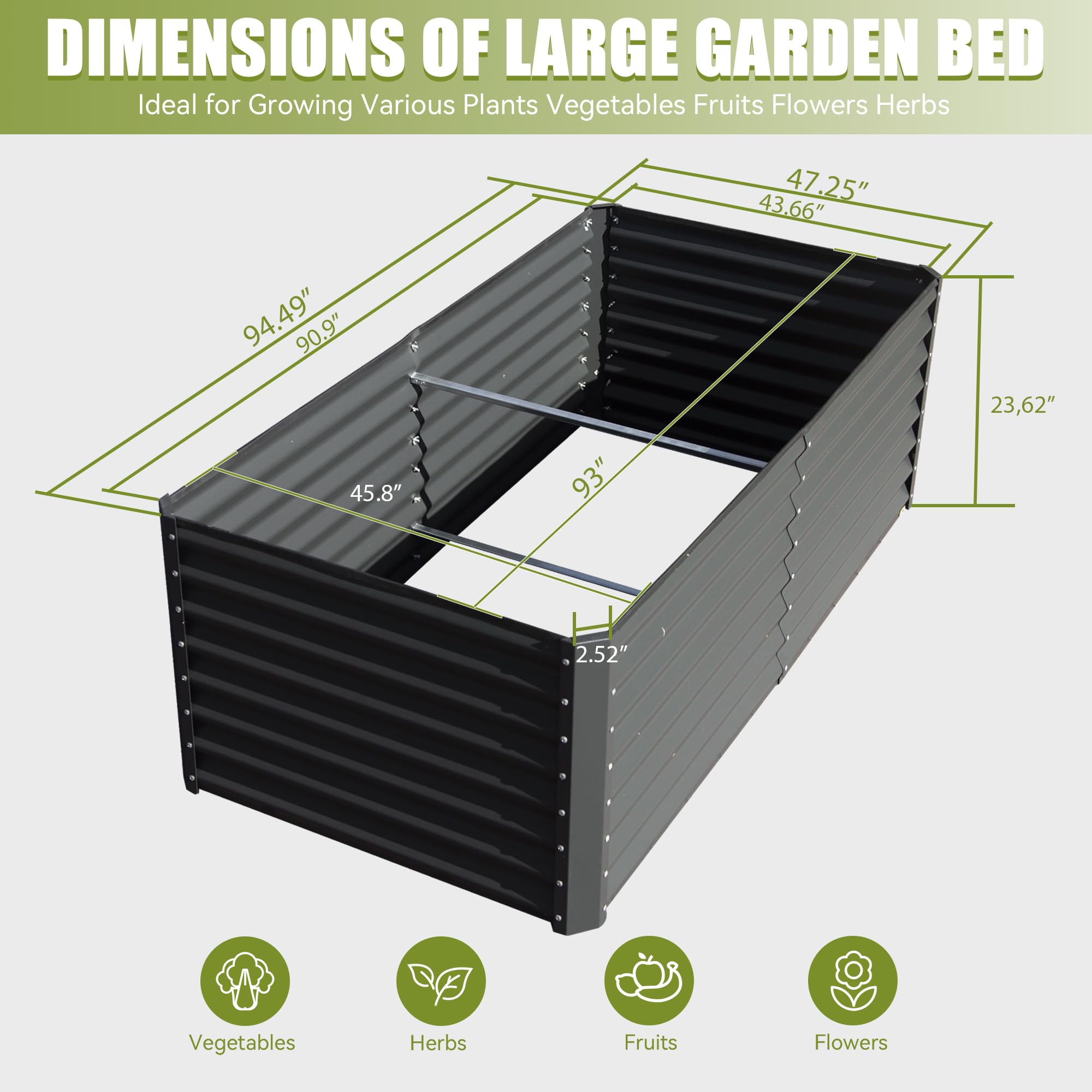 8x4x2 ft Galvanized Raised Garden Bed, Outdoor Planter Garden Boxes Large Metal Planter Box for Gardening Vegetables Fruits Flowers,Gray/Silver/Green