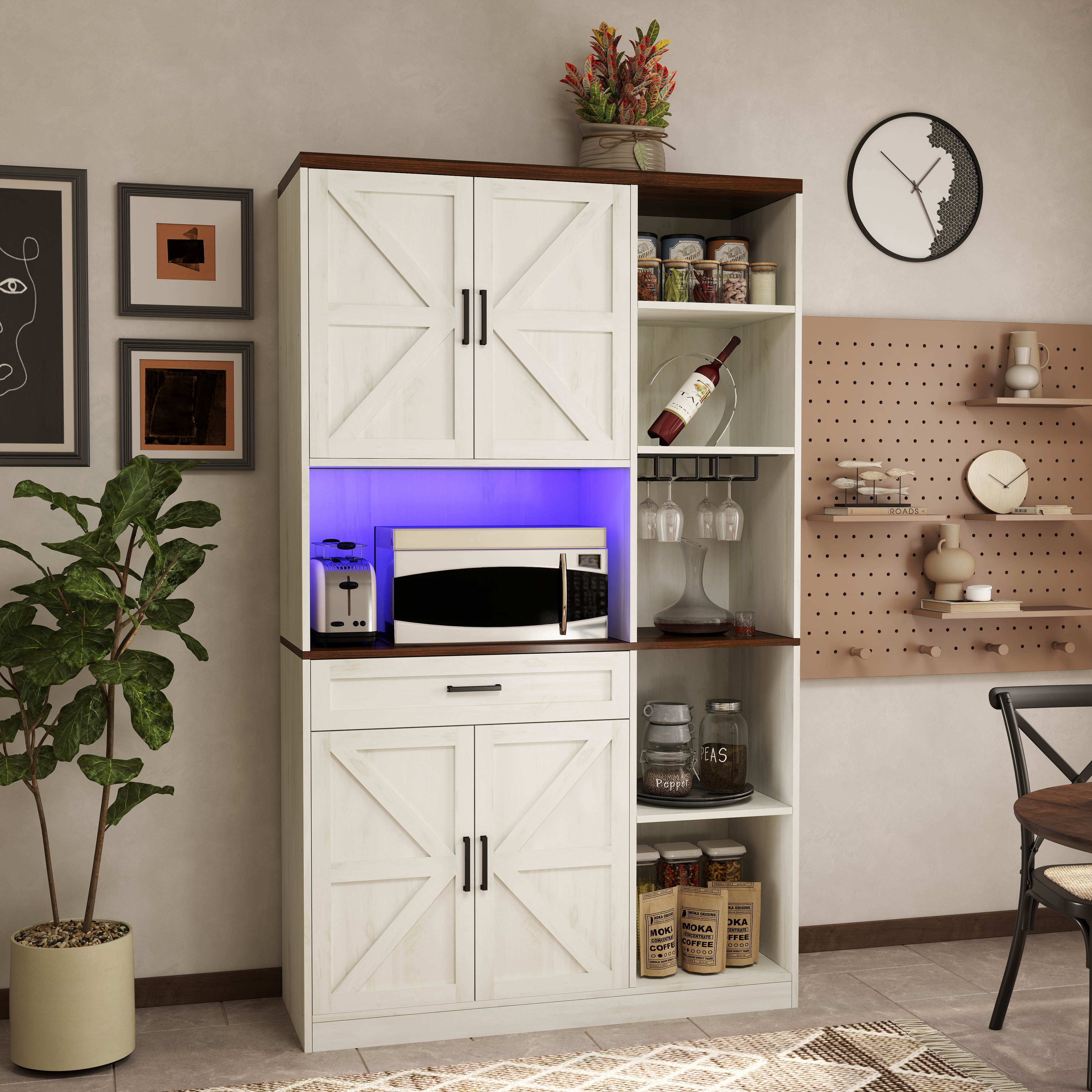 70.87'' Multifunctional Farmhouse Kitchen Pantry Sideboard with Cabinet and Drawer, Kitchen Buffet with Hutch and Glass Holder, Microwave Stand with Charging Station for Kitchen and Dining Room 