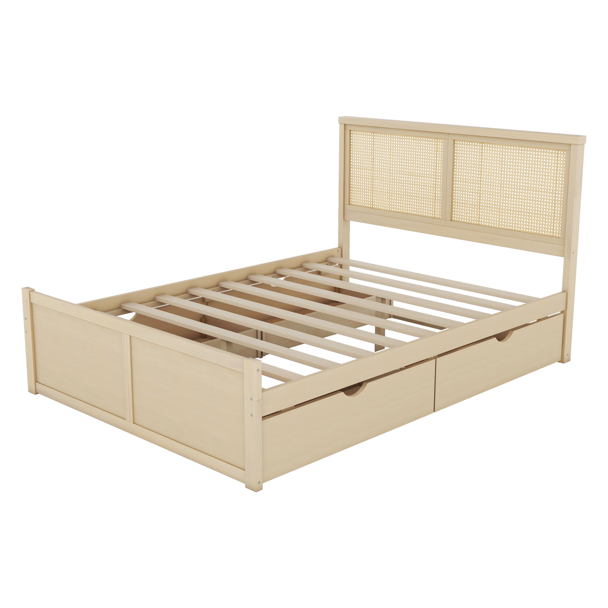 Queen/Full Size Wood Storage Platform Bed with 4 Drawers, Rattan Headboard, Espresso/Nature 