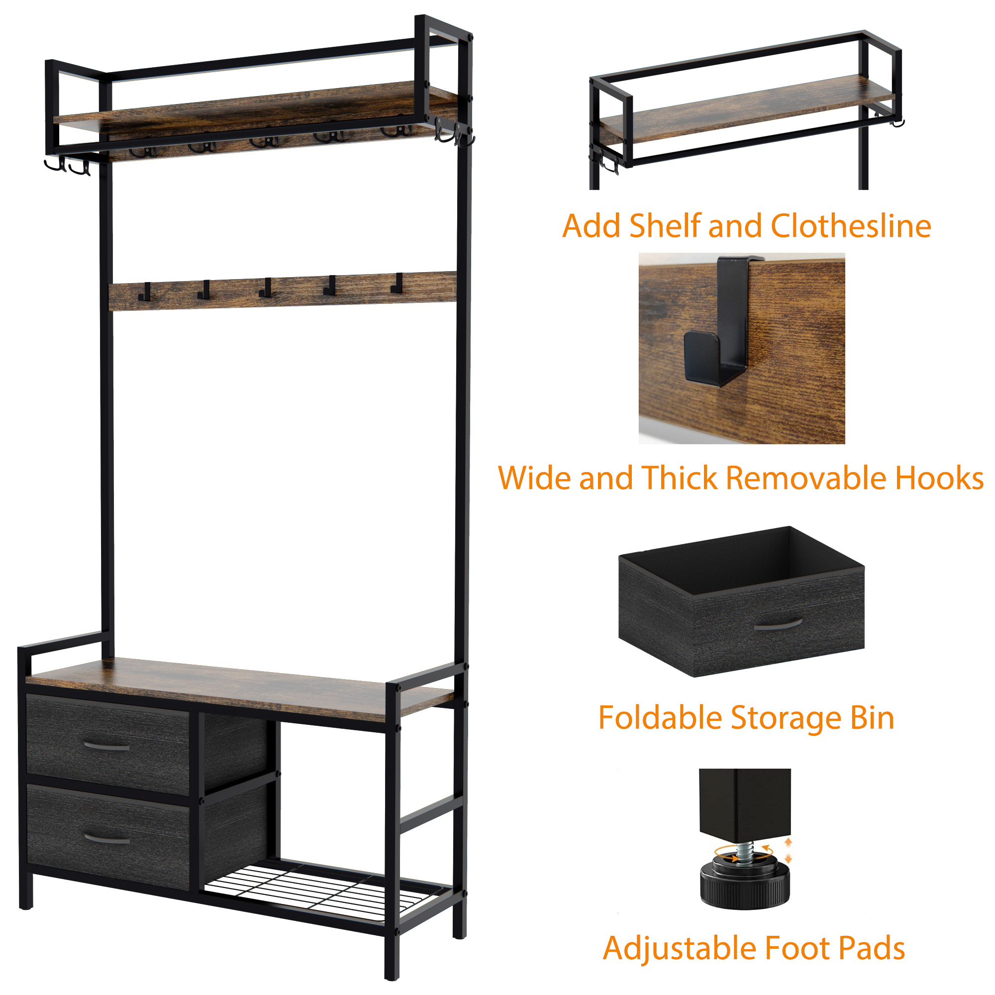 33.1" Wide Hall Tree with 2 Movable Drawers, Shoe Storage, Shelves and Garment Racks, 5-in-1 Entryway Bench with 23 Hooks (Fixed and Movable) 