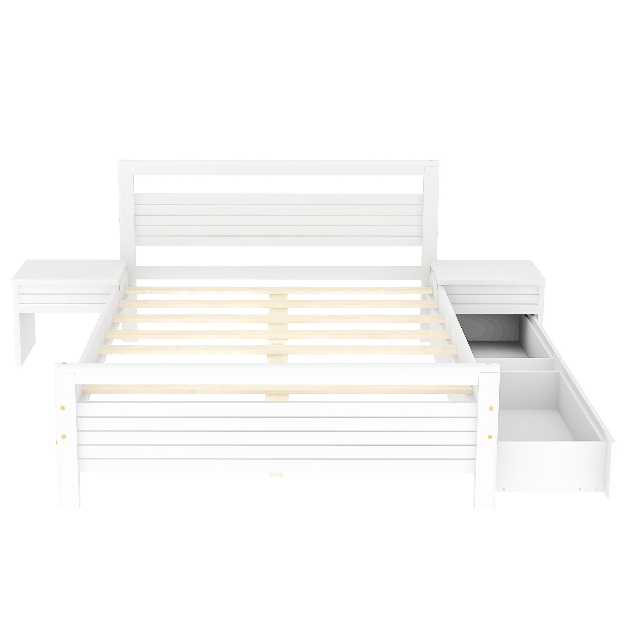 Full Size Wooden Platform Bed with 2 Storage Drawers and 2 bedside tables, White 