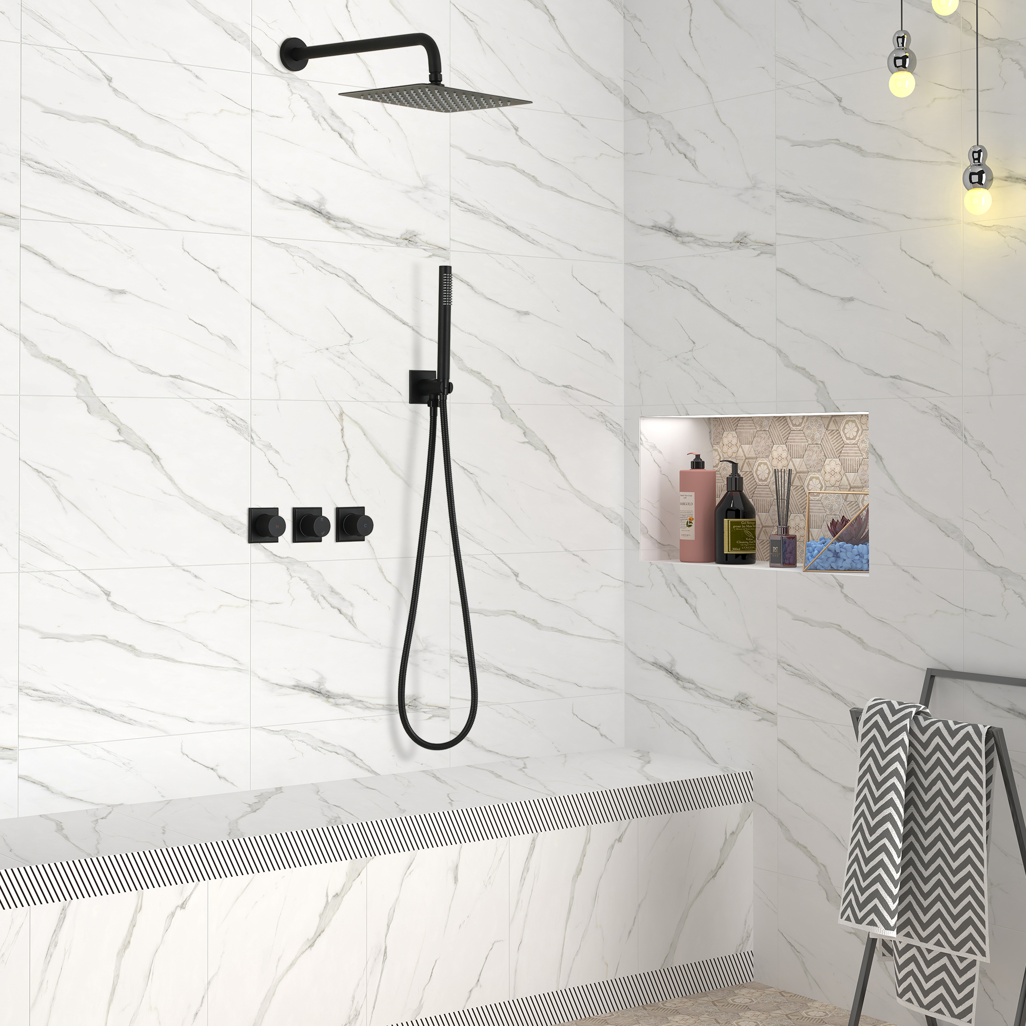 Shower System Rainfall Shower Head with Handheld Spary Combo Shower Faucet System 10inch Ceiling Shower Head with valve for Bathroom, Matte Black