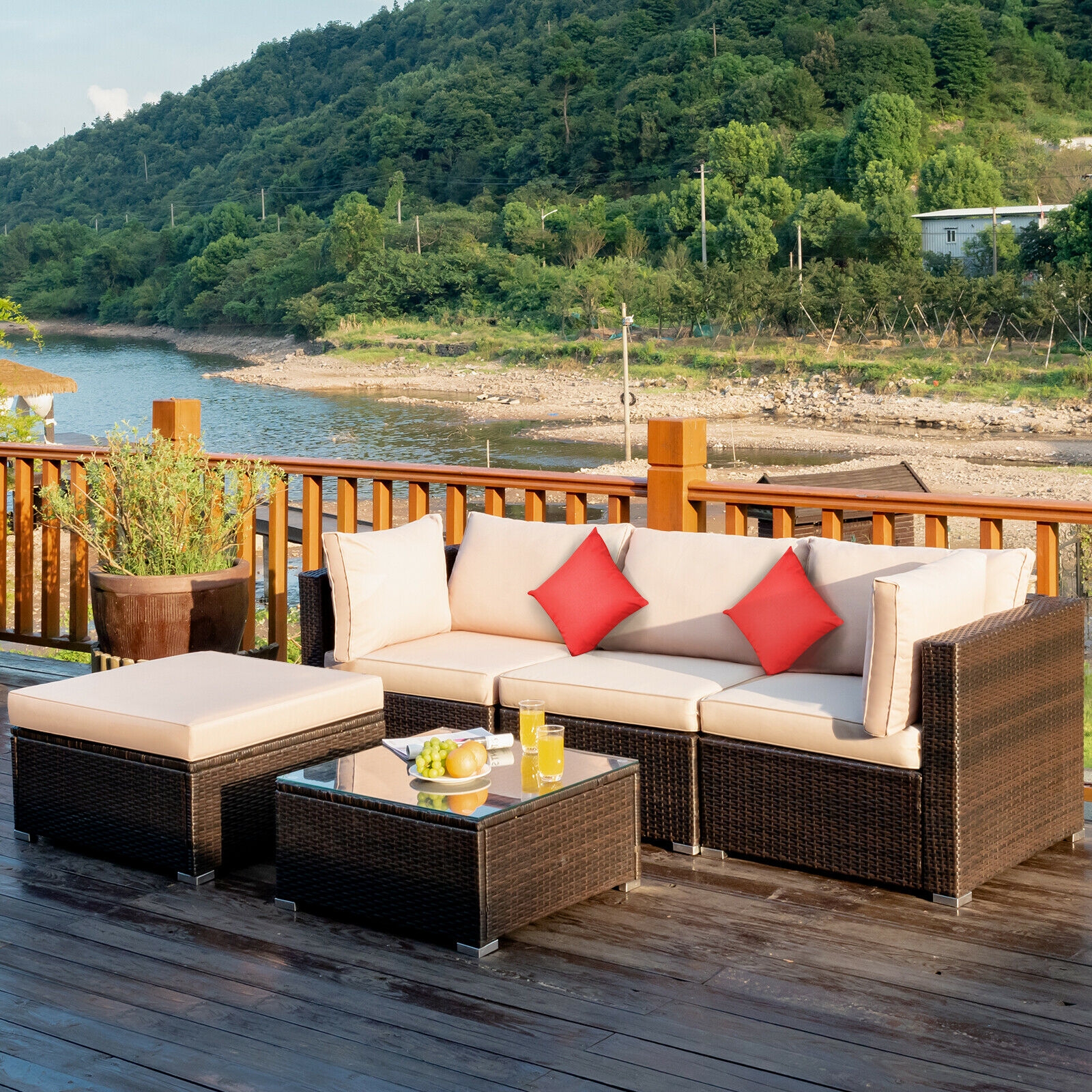Mondawe 5 Pcs Outdoor Patio Rattan Furniture Set Sectional Conversation-Mondawe