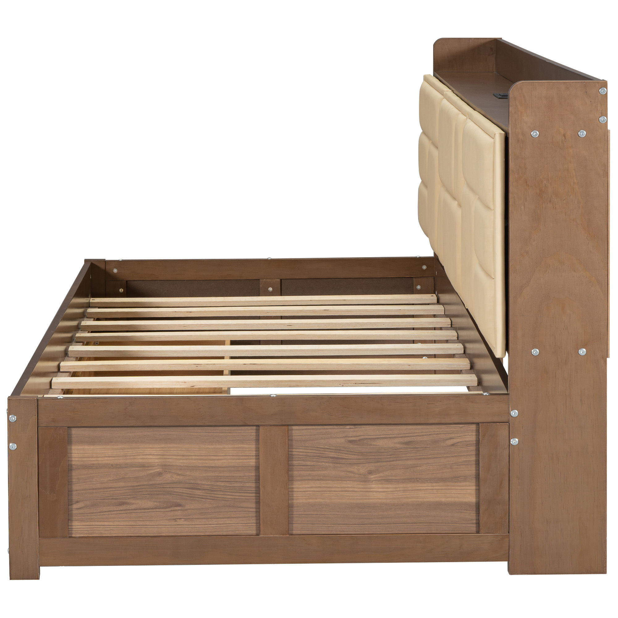 Full/Twin Size Wood Daybed with Upholstered Storage Shelves, USB Ports and 2 Drawers, Wood Color 