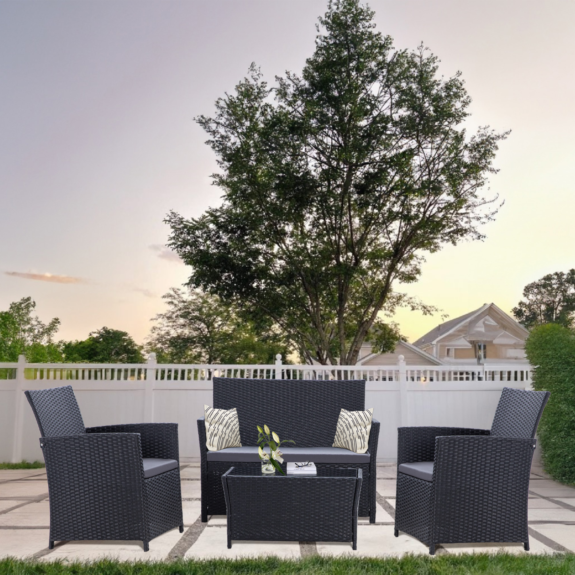 4-Piece PE Rattan Patio Furniture Set – Double Sofa, 2 Armchairs, Coffee Table with Cushions, Weather-Resistant Outdoor Conversation Set, Brown-Blue/Gray/Black-Gray/Black-Blue