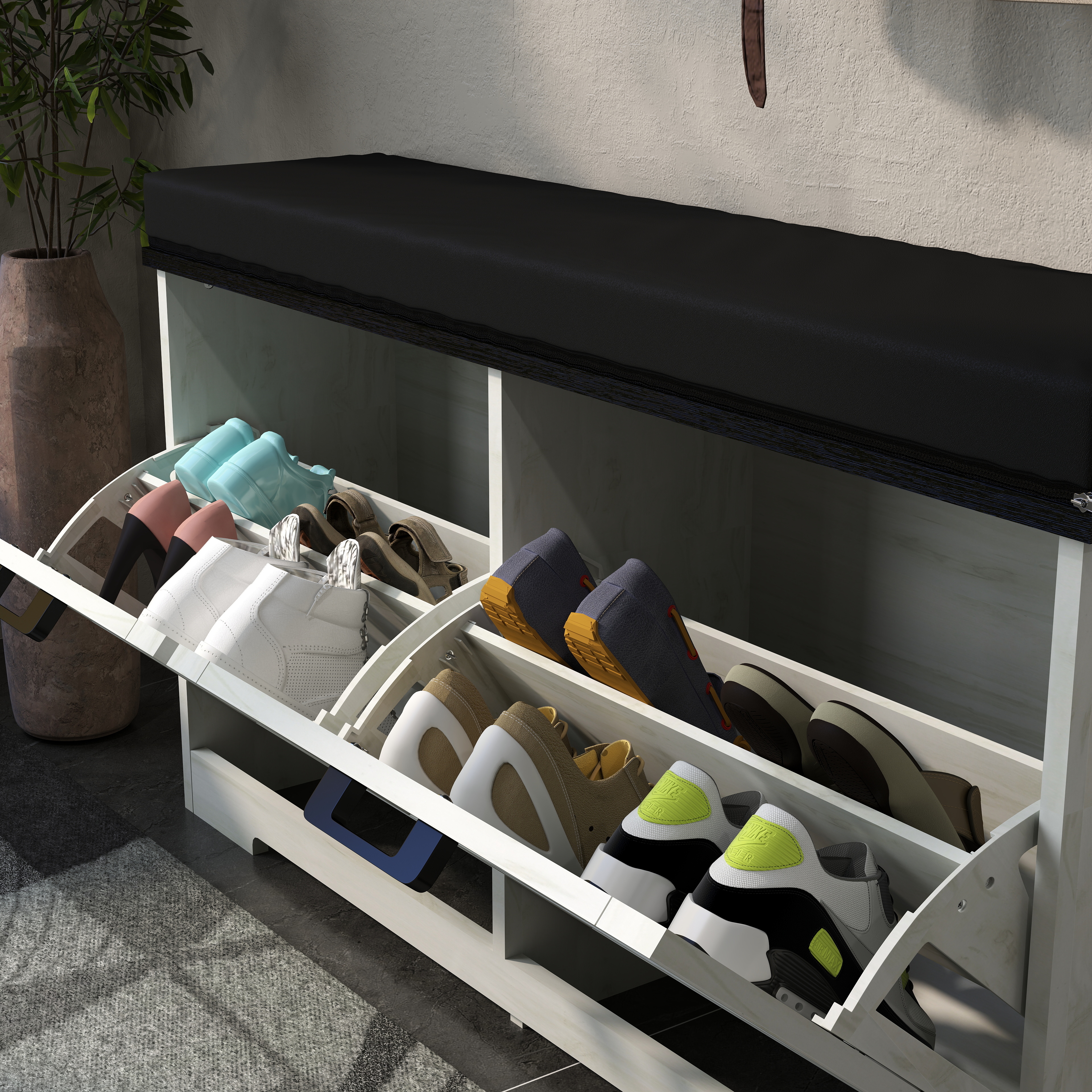 Farmhouse Shoe Storage Bench with Coat Rack, Antique White Shoe Bench with 2 Adjustable Flip Drawer, Hall Tree with Padded Seat Cushion and Shoe Organizer for Entryway, Hallway 