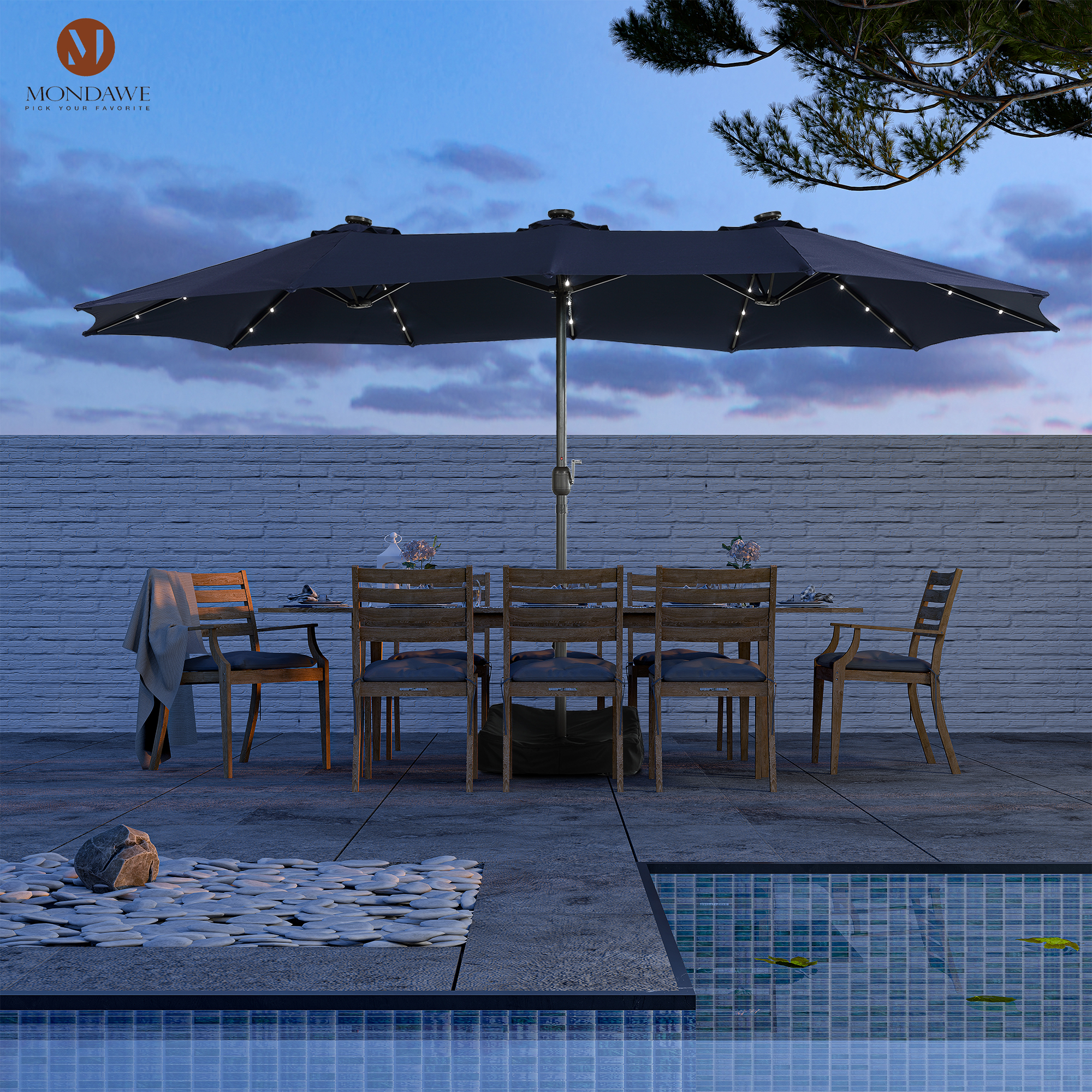 Mondawe 15ft Rectangular Patio Umbrella with Base and LED Lights and C