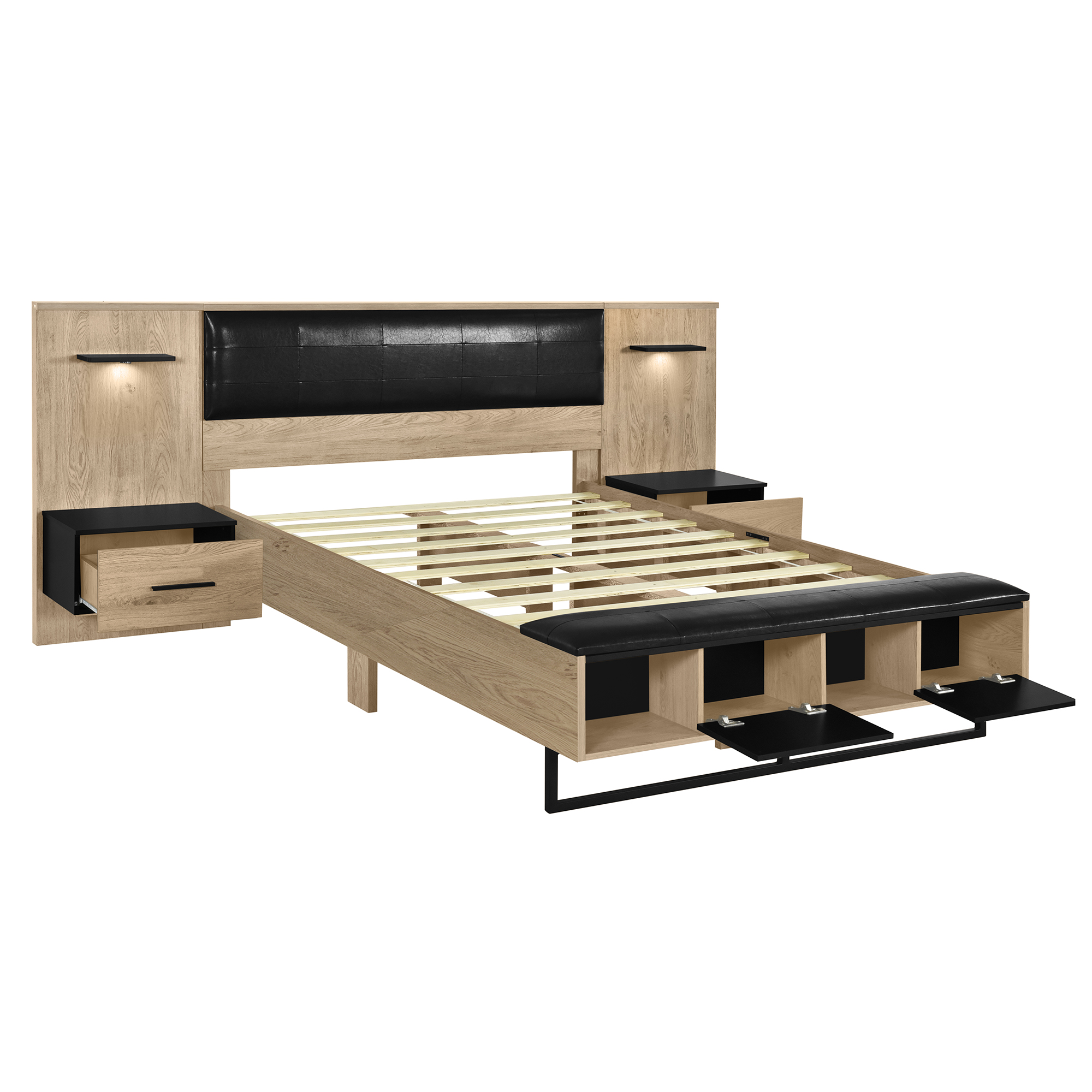 Queen Size Wood Platform Bed with Upholstered Headboard, Lights and Storage Nightstand, Bench, Walnut 